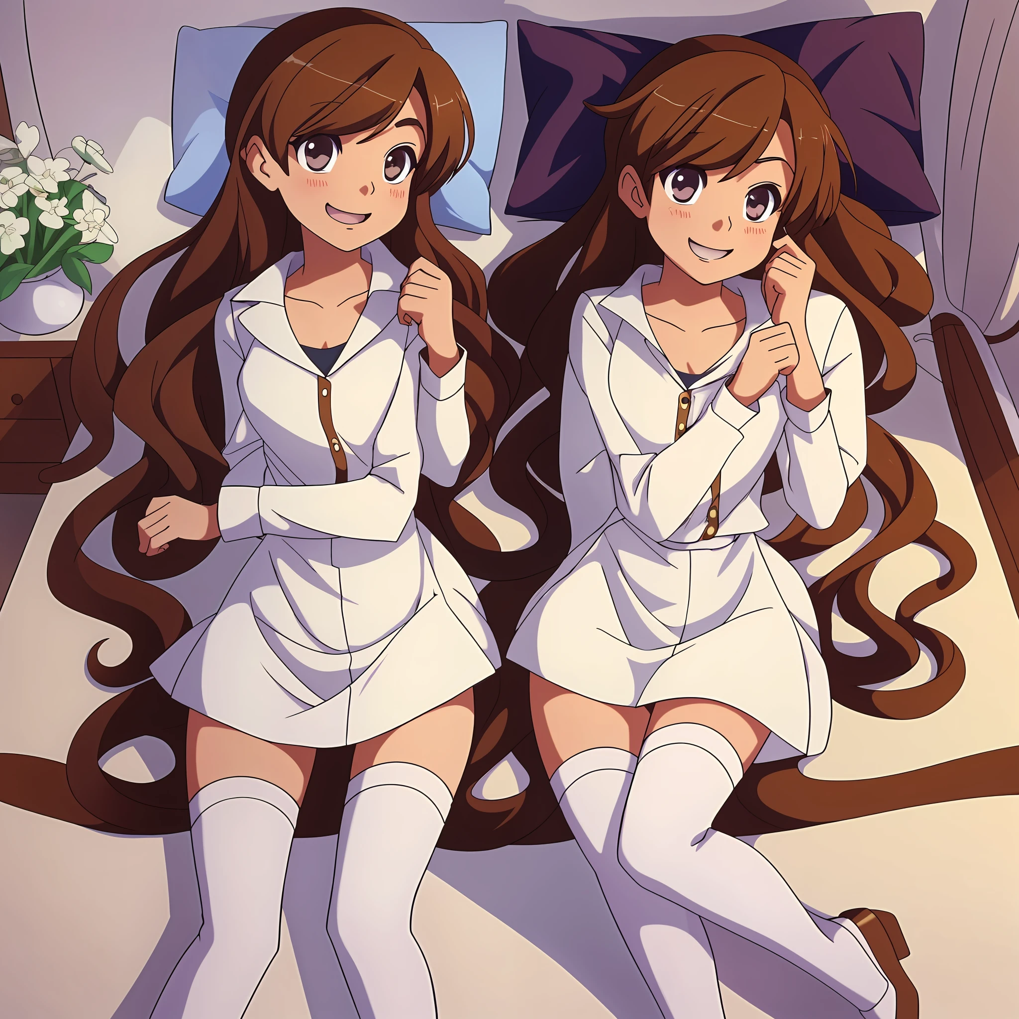 perfect anime illustration, 2girls, fraternal twins, brown hair, curly hair, long hair, different hair colors, hazel eyes, smiling, white skin, matching outfits, highres, bedroom, full body