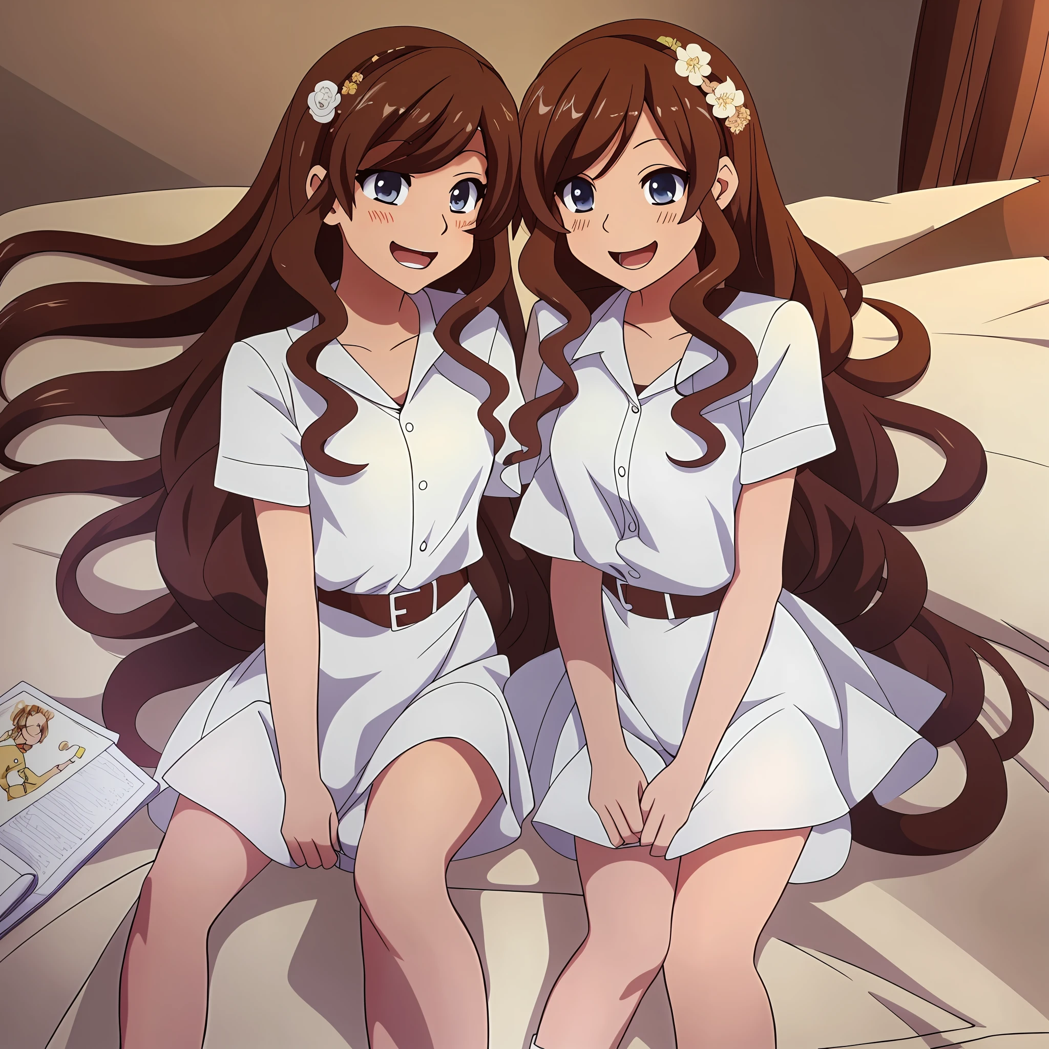 perfect anime illustration, 2girls, fraternal twins, brown hair, curly hair, long hair, different hair colors, hazel eyes, smiling, white skin, matching outfits, highres, bedroom, full body