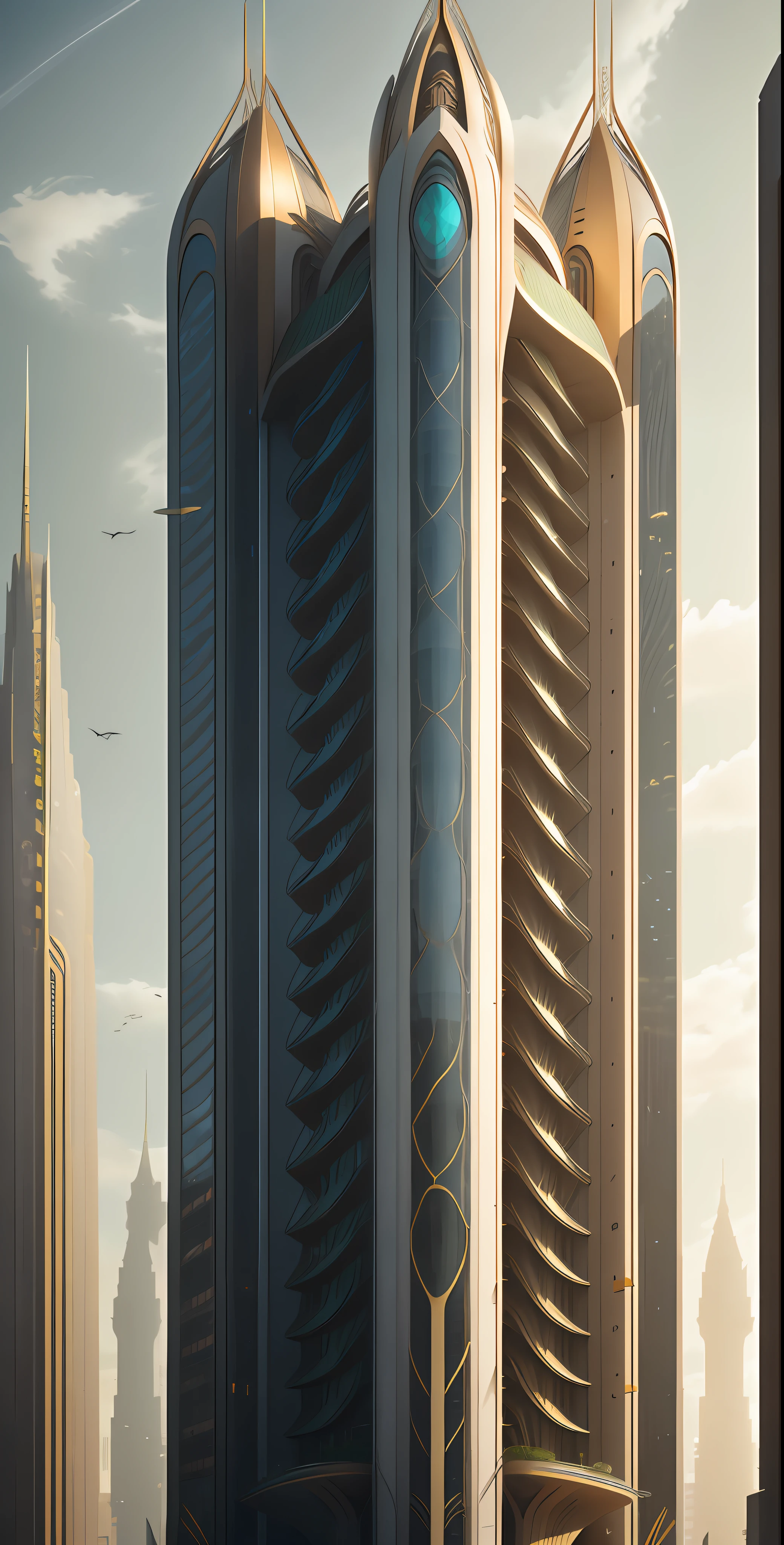 A tall building in a futuristic city designed by Zaha Hadid, futuristic buildings, modern buildings, imagination, integration between the future and the past, hanging gardens, hanging gardens of Babylon, sustainability, future technology, architectural creativity, new culture, self-sufficiency, golden ratio, spread, natural colors, calm colors, masterpiece, art, the best resolution, blurry background, details of the building's divisions are many,