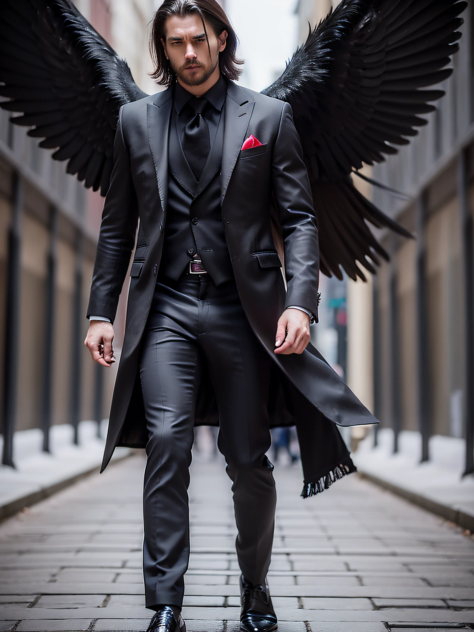 ((Masterpiece 8k))+((High_resolution)), 1man European_Scandinavian_man the devil Lucifer, 1man with athletic_body; 1.2, pale and radiant skin, (red_eyes), long black hair straight over the shoulders, immense power, haughty, highly symmetrical face with slightly angular features ((perfect_face: 1.2)), wearing black business attire, (black_suit), carmine red shirt and tie, angel in perfection, fallen_angel, big_black_wings, black_feathers, style by Yohji Yamamoto