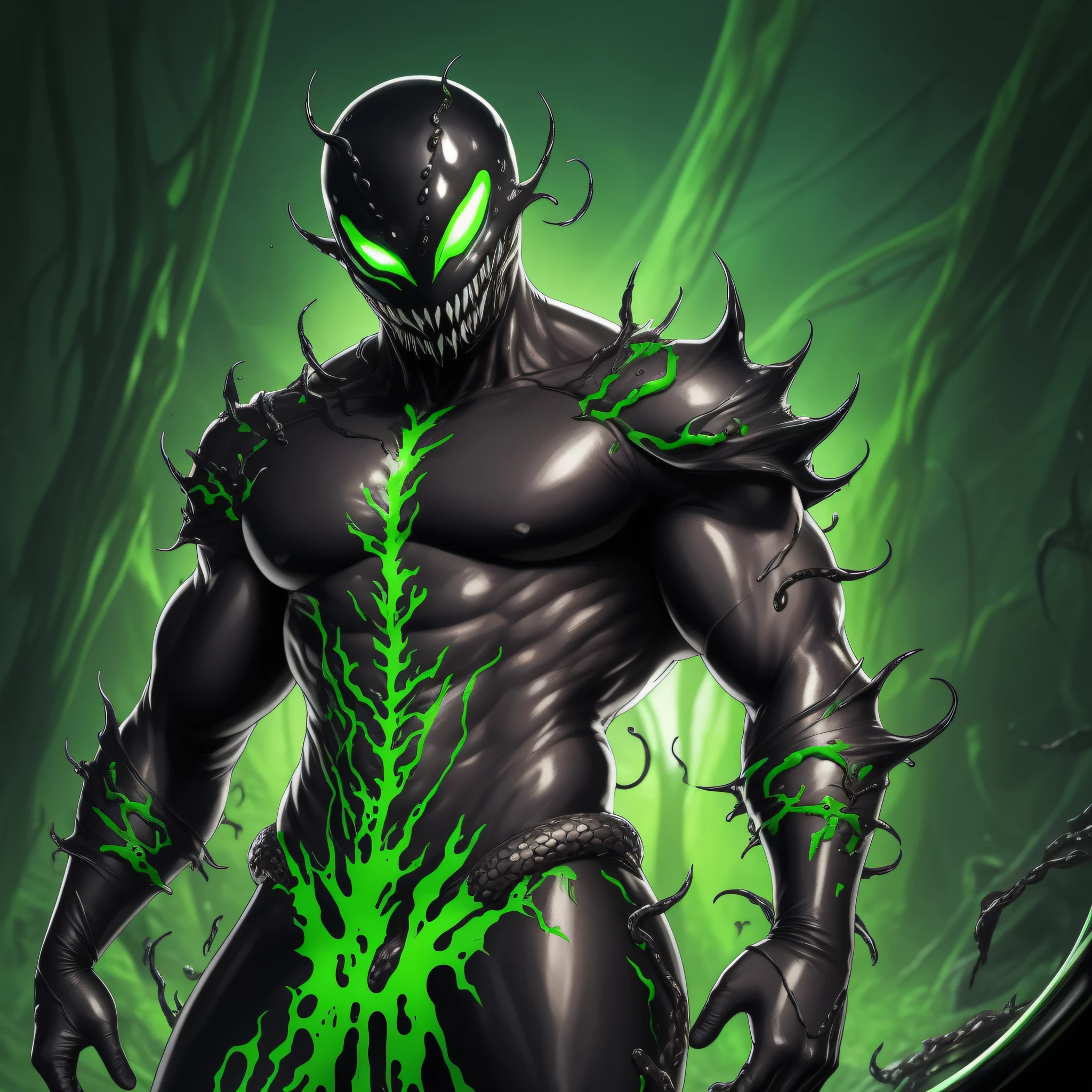 symbiont, venom, black slime, soil, venomized man, man hypnotized by black slime, (strong pectoral), latex, green eye, tentacle