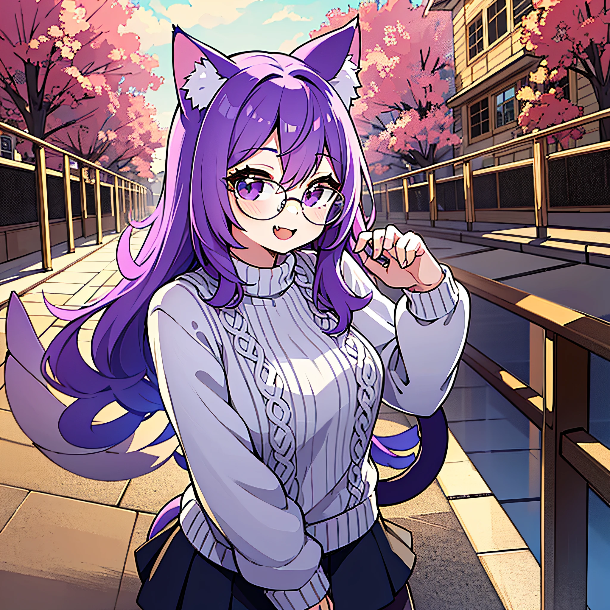 masterpiece, best quality, 1girl, ((looking at viewer)), lilac hair, purple eyes, long hair, ahoge, sweater, sweater skirt, pantyhose, 163cm, hair between eyes, large breasts, adult, 33 years old, mature, glasses, solo, sole, smile, cat ears, cat tail, fang, catgirl, animal ears