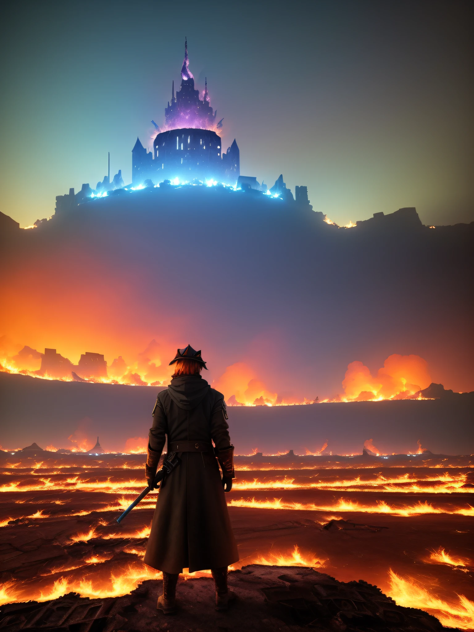 (((In a desolate wasteland in flames :1.5))), a sinister sorcerer stands amidst the ruins of a once-thriving city, ((wielding the purple and blue gem with an aura of malevolence :1.3)), as ominous clouds gather overhead, Photography, captured with a telephoto lens to emphasize the sorcerer's commanding presence and create a sense of impending doom, --ar 9:16--v 5