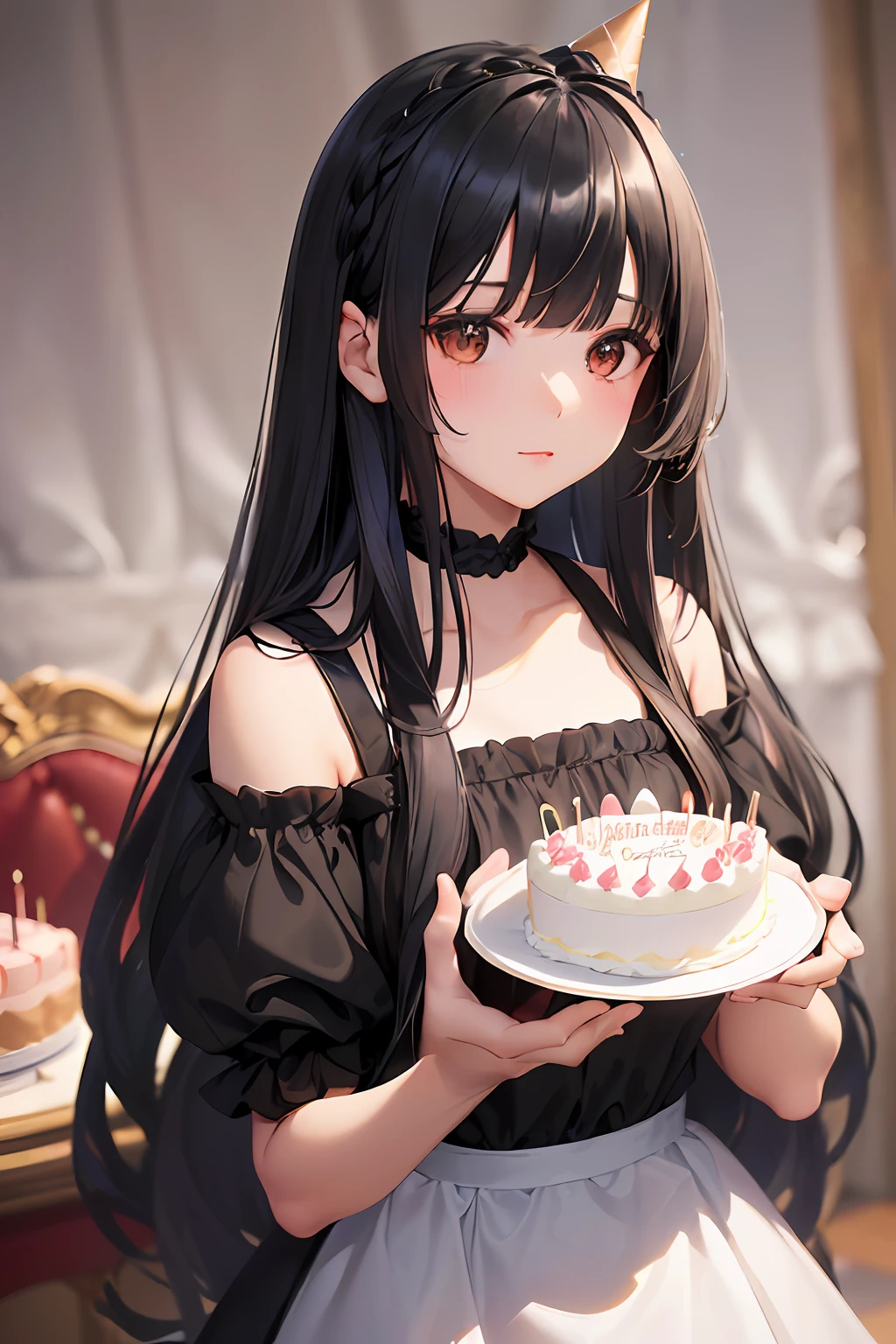 (a cute girl with long black hair with bangs),(holding a birthday cake),(wearing cute party dress),(domineering lighting),(soft focus filter),(depth of field):(cute girl:1.2),(birthday cake:1.4),(black hair:1.3),(long hair:1.3),(fringe bangs:1.2),(party dress:1.2)