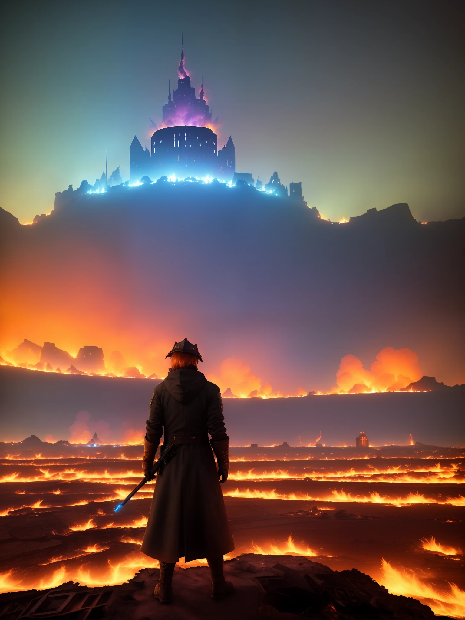 (((In a desolate wasteland in flames :1.5))), a sinister sorcerer stands amidst the ruins of a once-thriving city, ((wielding the purple and blue gem with an aura of malevolence :1.3)), as ominous clouds gather overhead, Photography, captured with a telephoto lens to emphasize the sorcerer's commanding presence and create a sense of impending doom, --ar 9:16--v 5