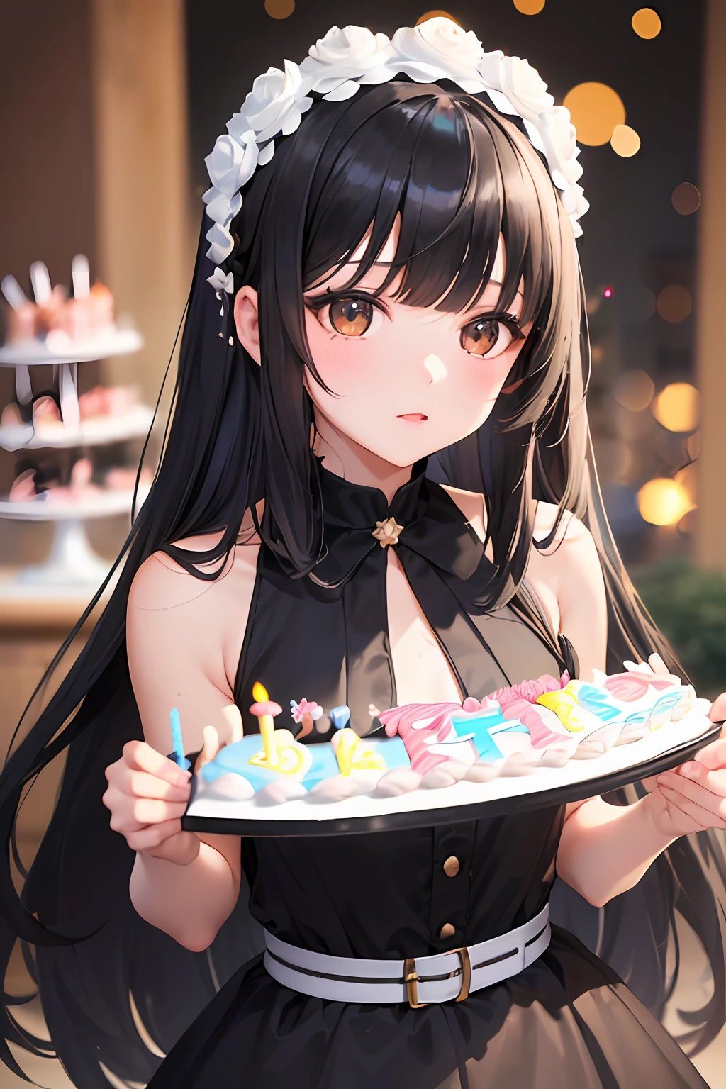 (a cute girl with long black hair with bangs),(holding a birthday cake),(wearing cute party dress),(domineering lighting),(soft focus filter),(depth of field):(cute girl:1.2),(birthday cake:1.4),(black hair:1.3),(long hair:1.3),(fringe bangs:1.2),(party dress:1.2)