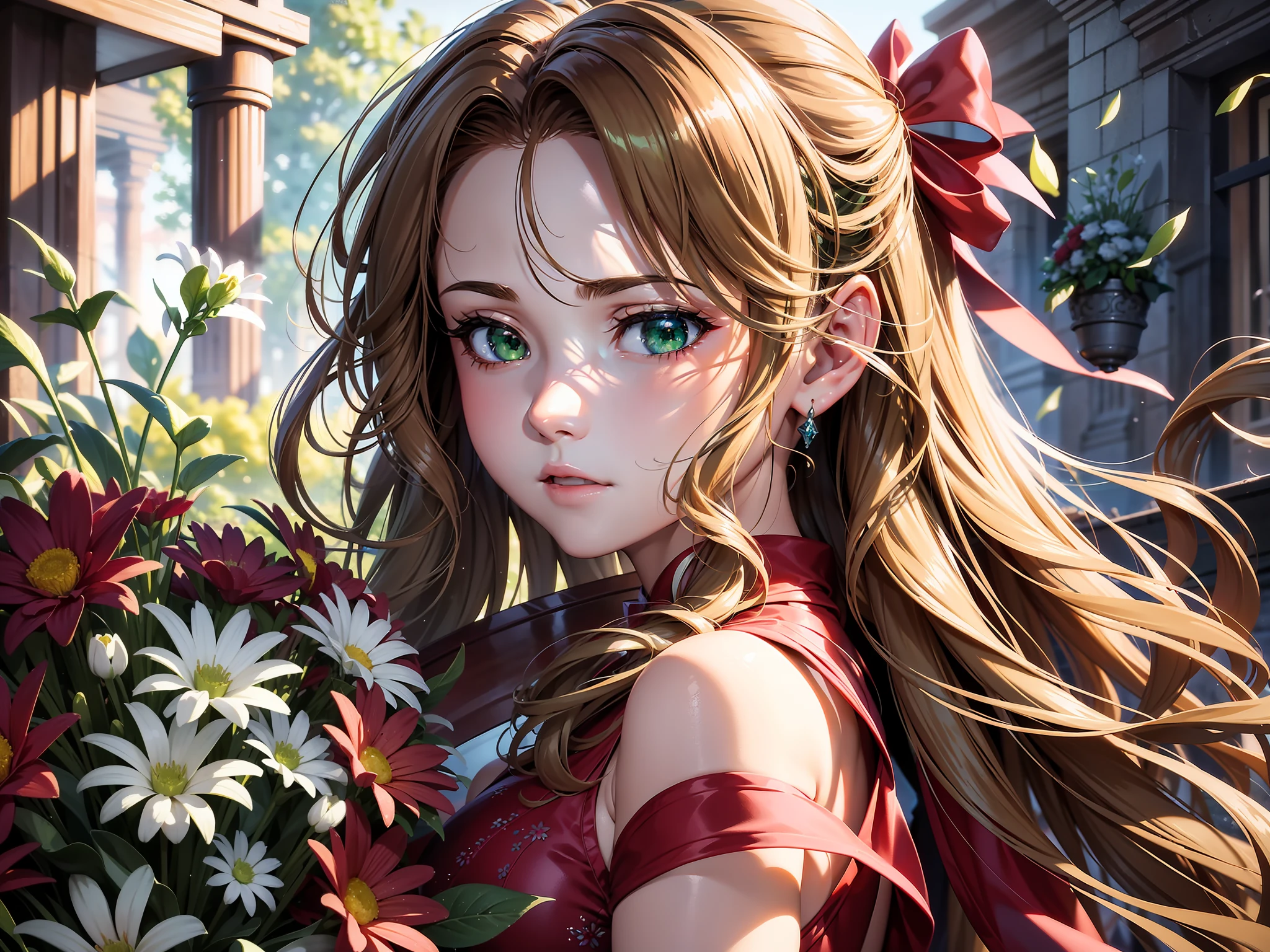 masterpiece) ,best quality, ultra-detailed CG drawing, extremely delicate and beautiful portrait, dynamic angle, dynamic pose, Aerith Final Fantasy,(1girl), green eyes, brown hairstyle, red ribbon, red clothes,flower bouquet, natural background, backlight, soft colors, water painting,in midgar city,8k,best quality