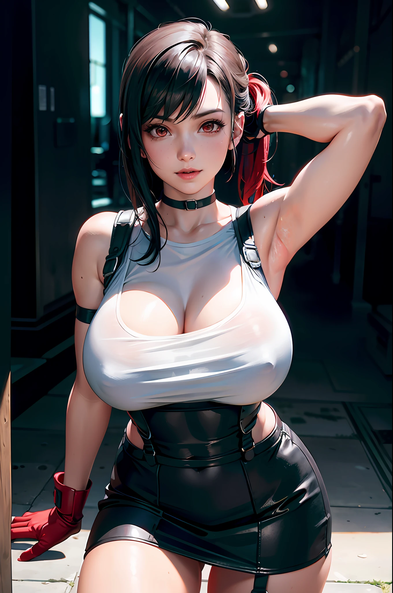(8k, best quality, masterpiece:1.2), (realistic, photo-realistic:1.37), ultra-detailed, 1 girl,cute, solo, (tifa lockhart), (huge breasts:1.5),(beautiful detailed eyes), (smile:1.2), (closed mouth), erotic pose, dancing, depth of field, dark intense shadows, sharp focus, depth of field, good composition, Final Fantasy VII, (black miniskirt:1.1), (white tank top) suspenders, stockings, arm brace, red gloves, (black choker) full body, head rest, lips, pretty face, low-tied long hair, ((red_eyes:1.2)), (night:1.3), intricate, bokeh, cinematic lighting, photon mapping, radiosity, physically-based rendering, (Tetsuya Nomura style), nsfw, perfect breasts, in a field, river and mountians in background