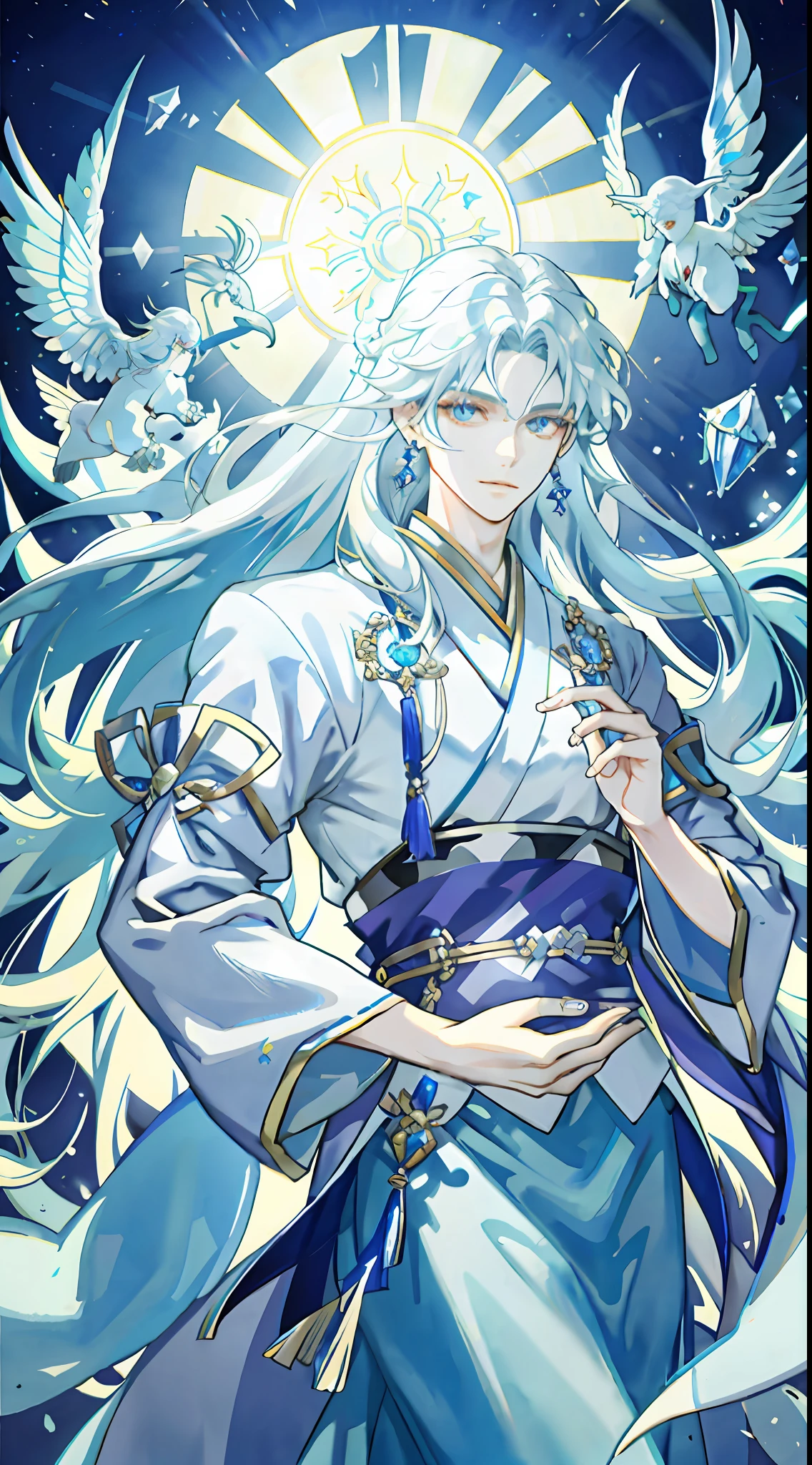 Hanfu, long hair, elegance, extreme details, beautiful boys, young men, fluttering hair and clothes, depicted delicate facial features, Opal-like eyes, light hair, earrings, crystal, glass, shining, shiny, diamond-like transparent hair, diamonds, crystal fragments, wide robe and large sleeves