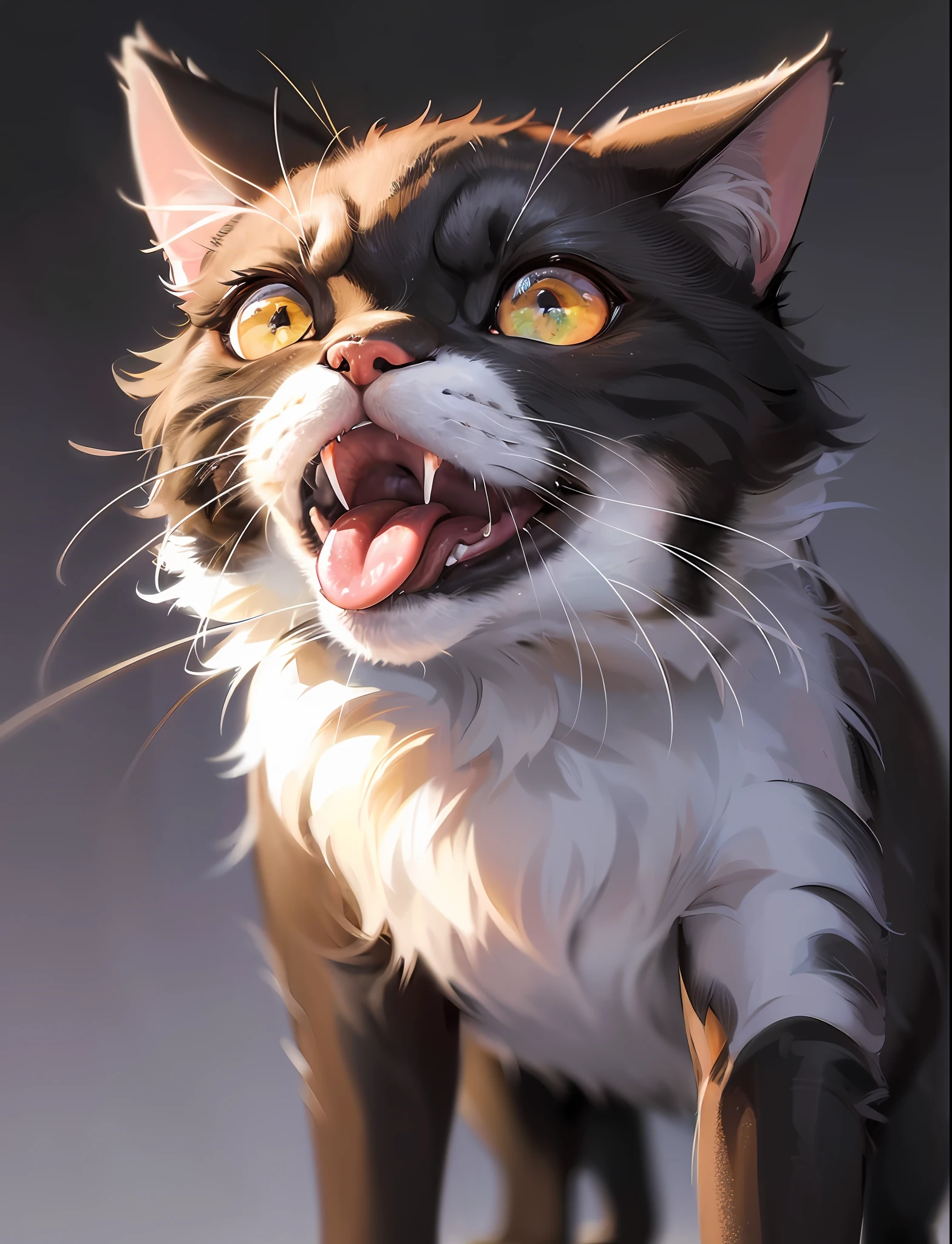 a close up of a cat with its mouth open and its tongue out, angry cat, photo of a cat, in front of a black background, with a black background, a cat, ;open mouth, in an action pose, cat photo, zoomed out full body, !!!! cat!!!!, aggressive pose, looking to the side --auto --s2