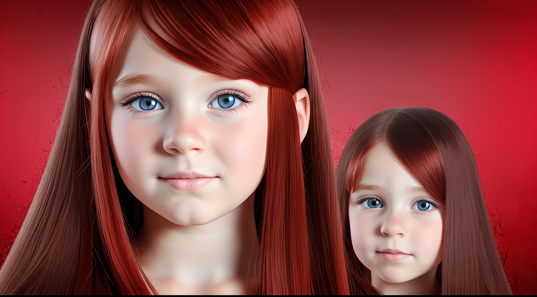 GIRLS CHILDREN, redhead WITH VERY LONG STRAIGHT HAIR, BLACK RUSSIAN STYLE WINTER UCHANKAS, red background.