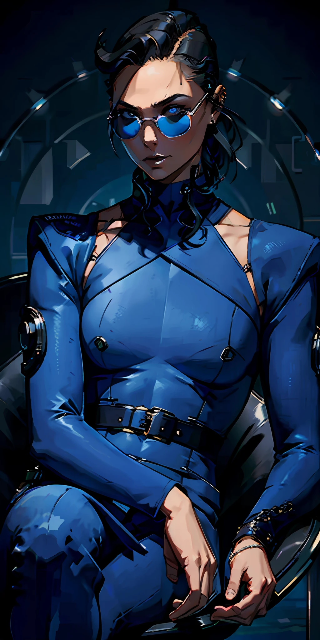 Woman, serious face, muscular, sunglasses, hair: undercut, shaved hair on the sides, futuristic, cybercyberpunk, wearing blue leather dress, full body, background: futuristic bar, sitting on a sofa