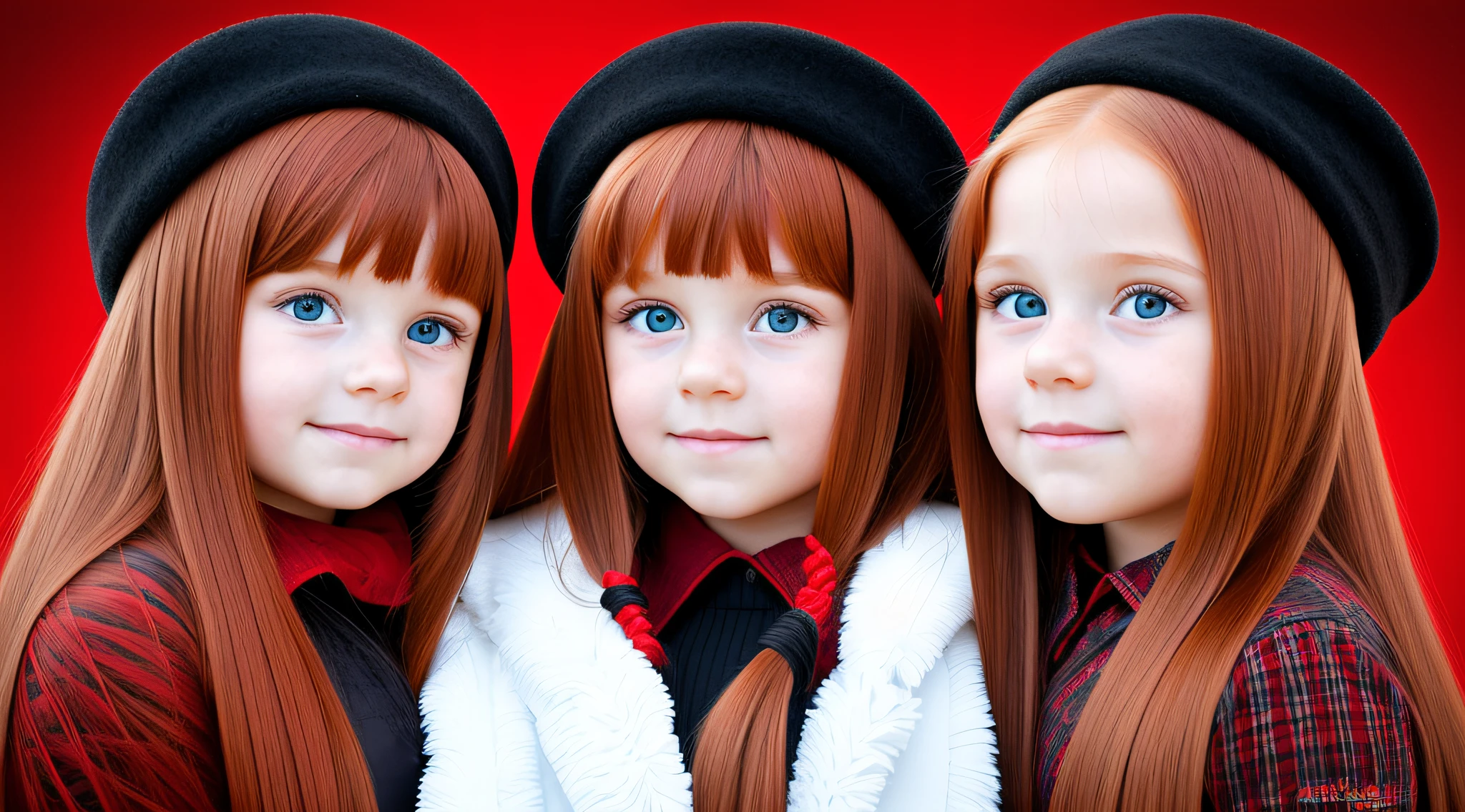 GIRLS CHILDREN, redhead WITH VERY LONG STRAIGHT HAIR, BLACK RUSSIAN STYLE WINTER UCHANKAS, red background.
