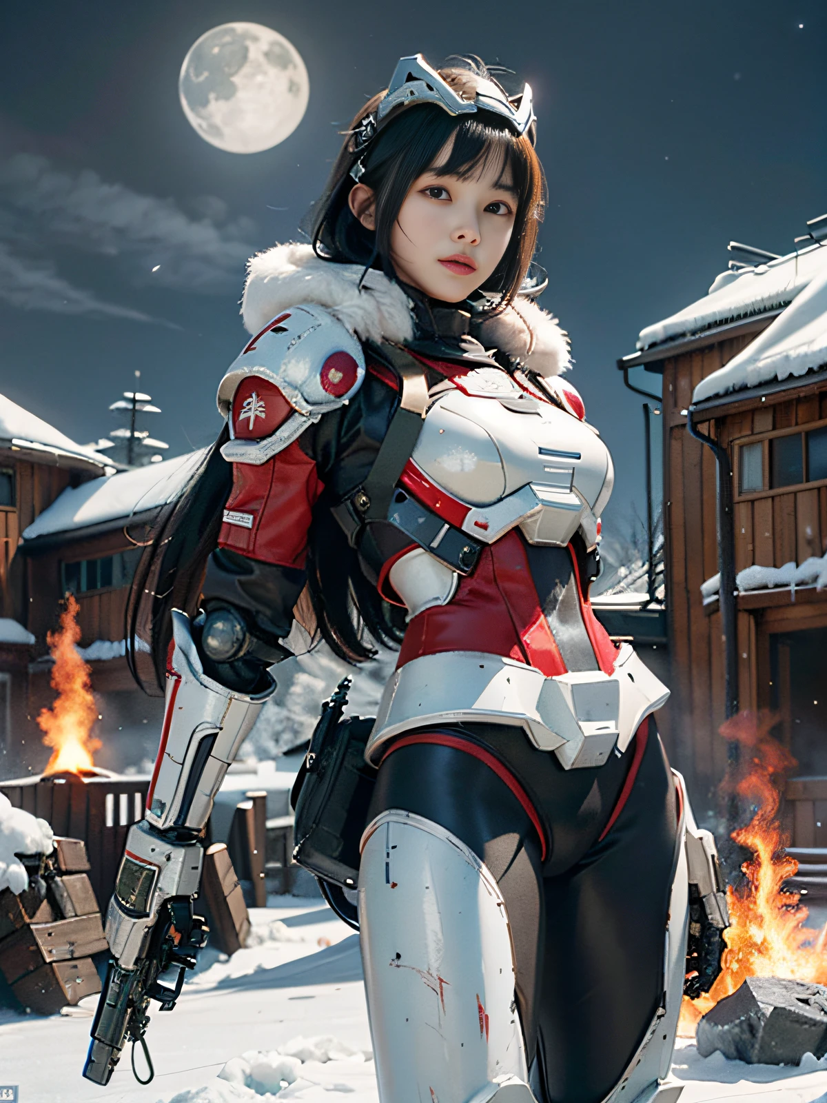 1 girl,mecha musume, mechanical parts, super robot joints, full armor,headgear, Hakodate: The winter night view of Hakodate is unforgettable. Overlooking from Mount Hakodate, the city lights flicker in the snow, like flames burning in the winter night sky.,Misty morning on a peaceful countryside farm, Resistance Base in the Crait system: In this base, members of the Resistance are preparing to evacuate in a tense atmosphere. Chaos and anxiety fill the air as fighters and equipment are quickly loaded onto transport ships, and faces are filled with determination and resolve.