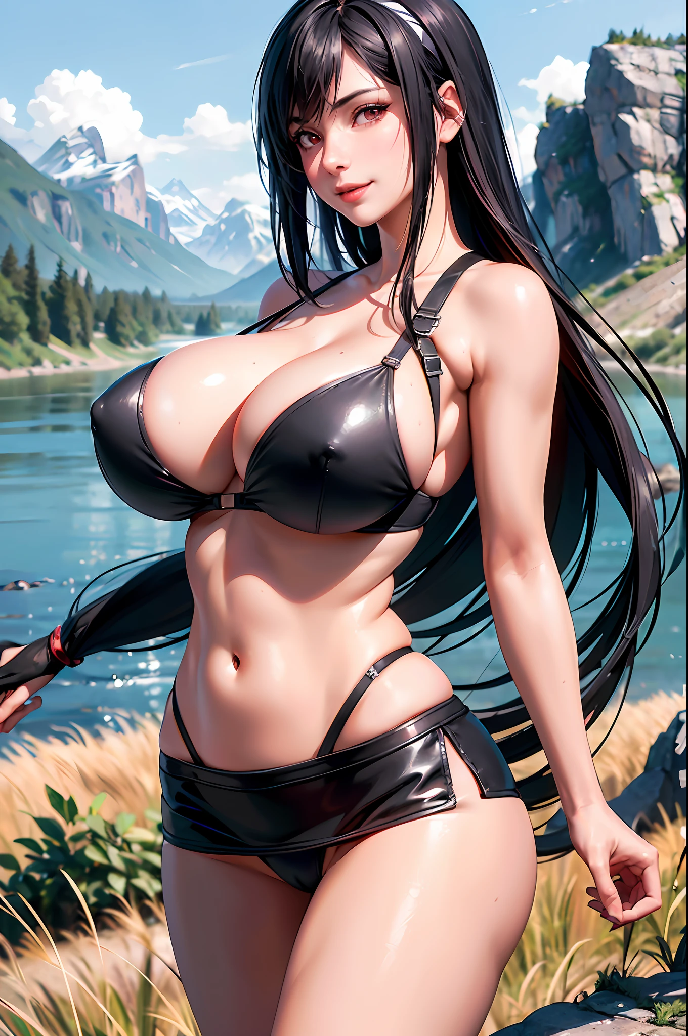 (8k, best quality, masterpiece:1.2), (realistic, photo-realistic:1.37), ultra-detailed, 1 girl,cute, solo, (tifa lockhart), (????????????:1.5),(beautiful detailed eyes), (smile:1.2), (closed mouth), ?????? pose, dancing, depth of field, dark intense shadows, sharp focus, depth of field, good composition, Final Fantasy VII, (black miniskirt:1.1), (blue ??????), full body, head rest, lips, pretty face, low-tied long hair, ((red_eyes:1.2)), (night:1.3), intricate, bokeh, cinematic lighting, photon mapping, radiosity, physically-based rendering, (Tetsuya Nomura style), ????, perfect ???????, (in a field, river and mountains in background:1.5)