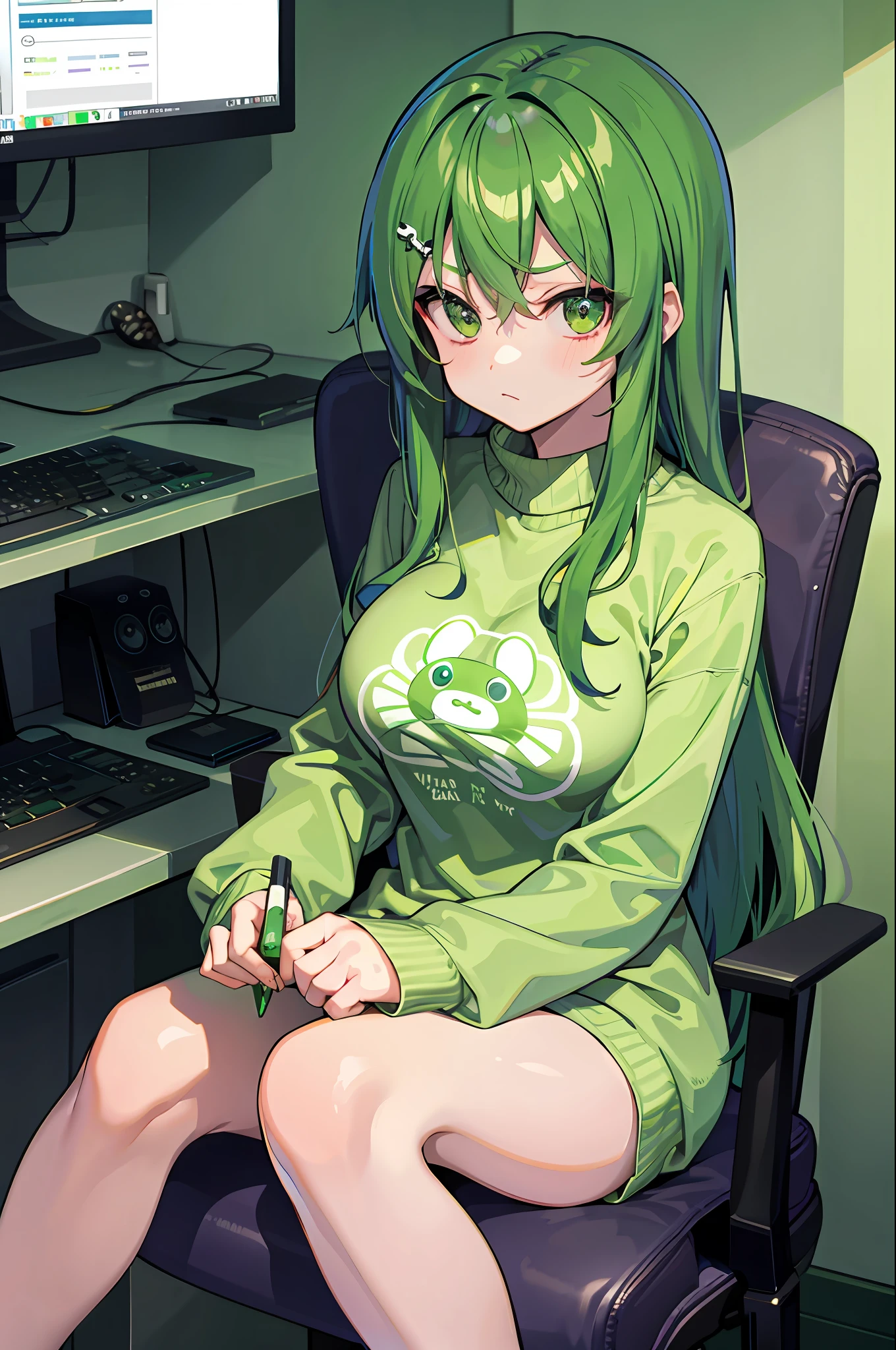 Green haired girl with a green sweatshirt with creeper print sitting in a chair looking at the computer, 18yo, big breasts, serious face, brush, long hair, breast shape mark