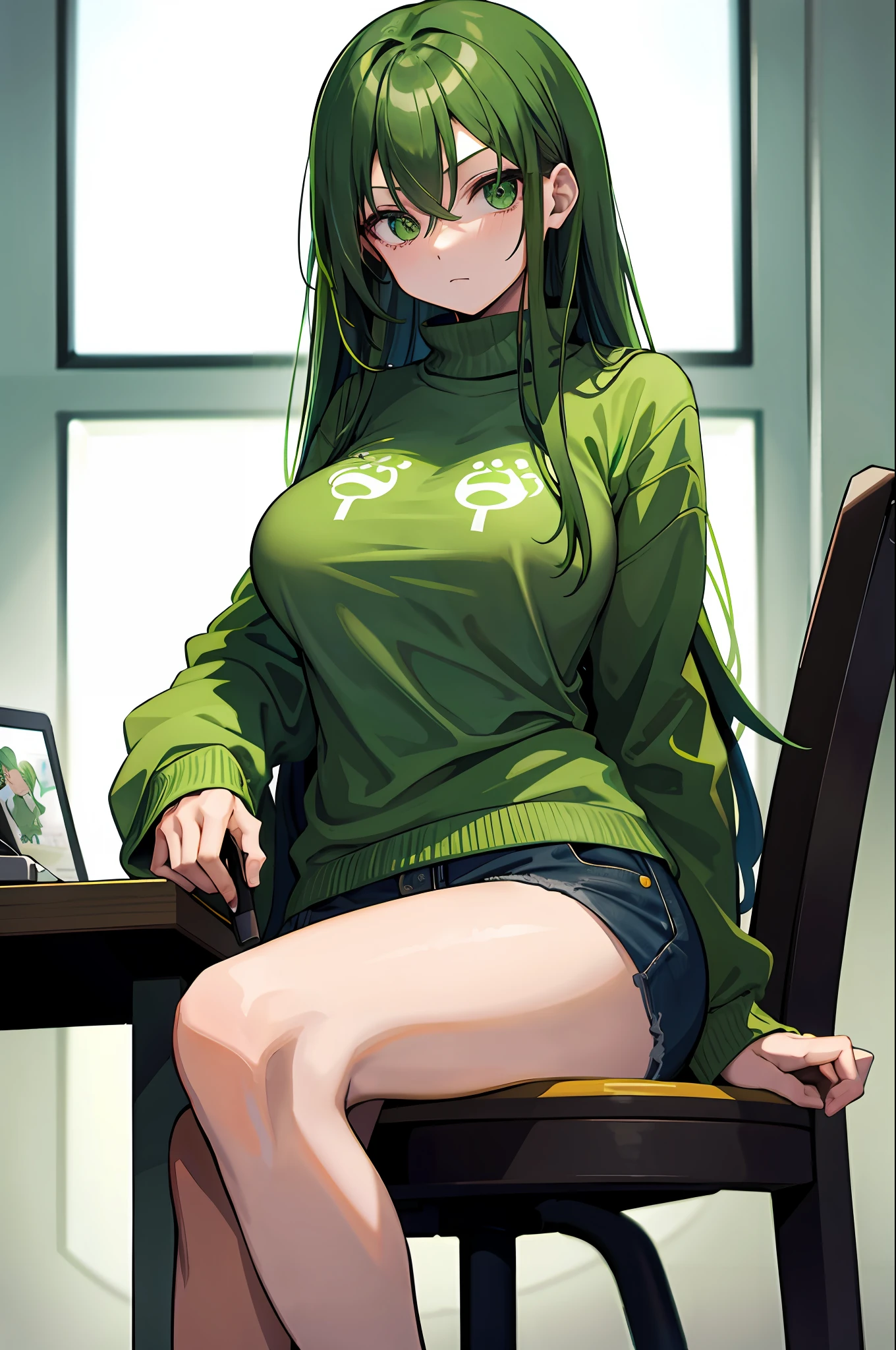 Green haired girl with a green sweatshirt with creeper print sitting in a chair looking at the computer, 18yo, big breasts, serious face, brush, long hair, breast shape mark
