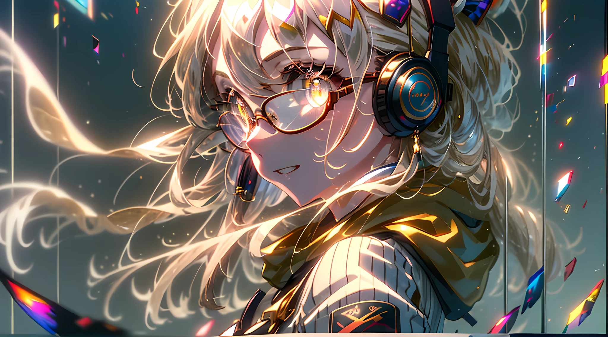 1girl, solo, young yandere woman of anime(head(long brown hair, beautiful golden eyes, heart-shaped pupils, bright eyes, glasses, naughty smile, headphone), body(medium breasts, thin waist, little muscle), clothing(jacket with white and yellow hood, white pants)), background(dense forest, high forest, no buildings, no civilization), profile, volume light, shadow, best quality, Ultra-detailed, adorable, 8k, 4k, 2k