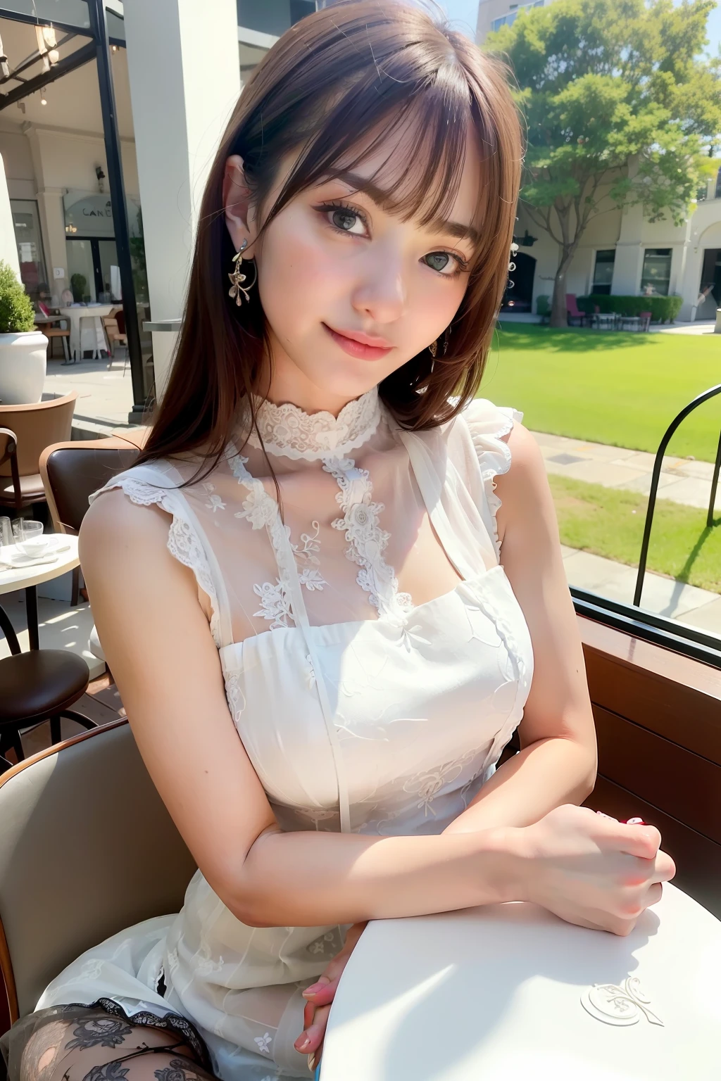 best quality, masterpiece, ultra high res, 8K, raw, (photo realistic:1.4), professional lighting, sharp focus, 1 girl, (detailed background:1.5), (at the fashionable cafe:1.3), full body, slender, (sit on a chair, crossed legs), cute, 24yo, laugh, tiny breasts, detailed clothes, (sheer embroidery dress, mock neck), coffee