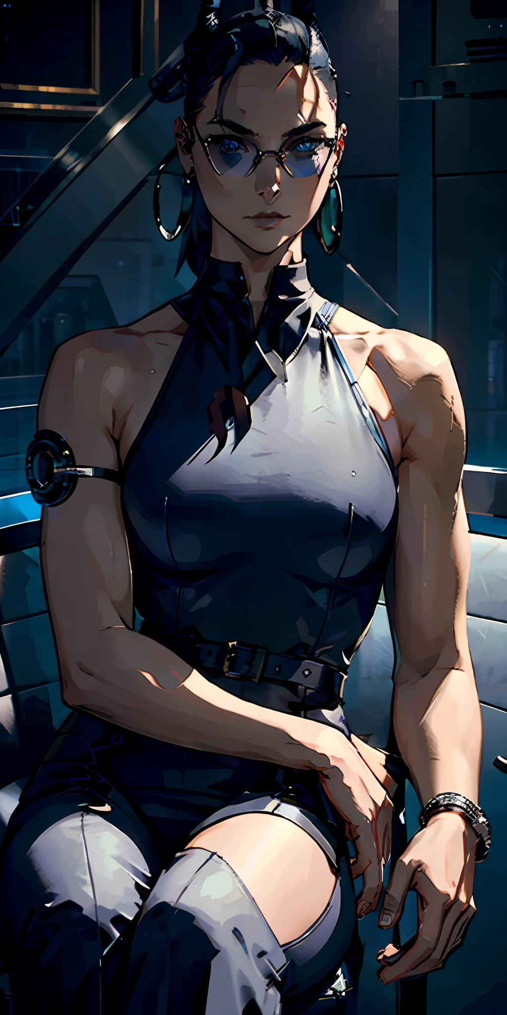 Woman, serious face, muscular, sunglasses, hair: undercut, shaved hair on the sides, futuristic, cybercyberpunk, wearing dark blue leather dress, full body, background: futuristic bar, sitting on a sofa