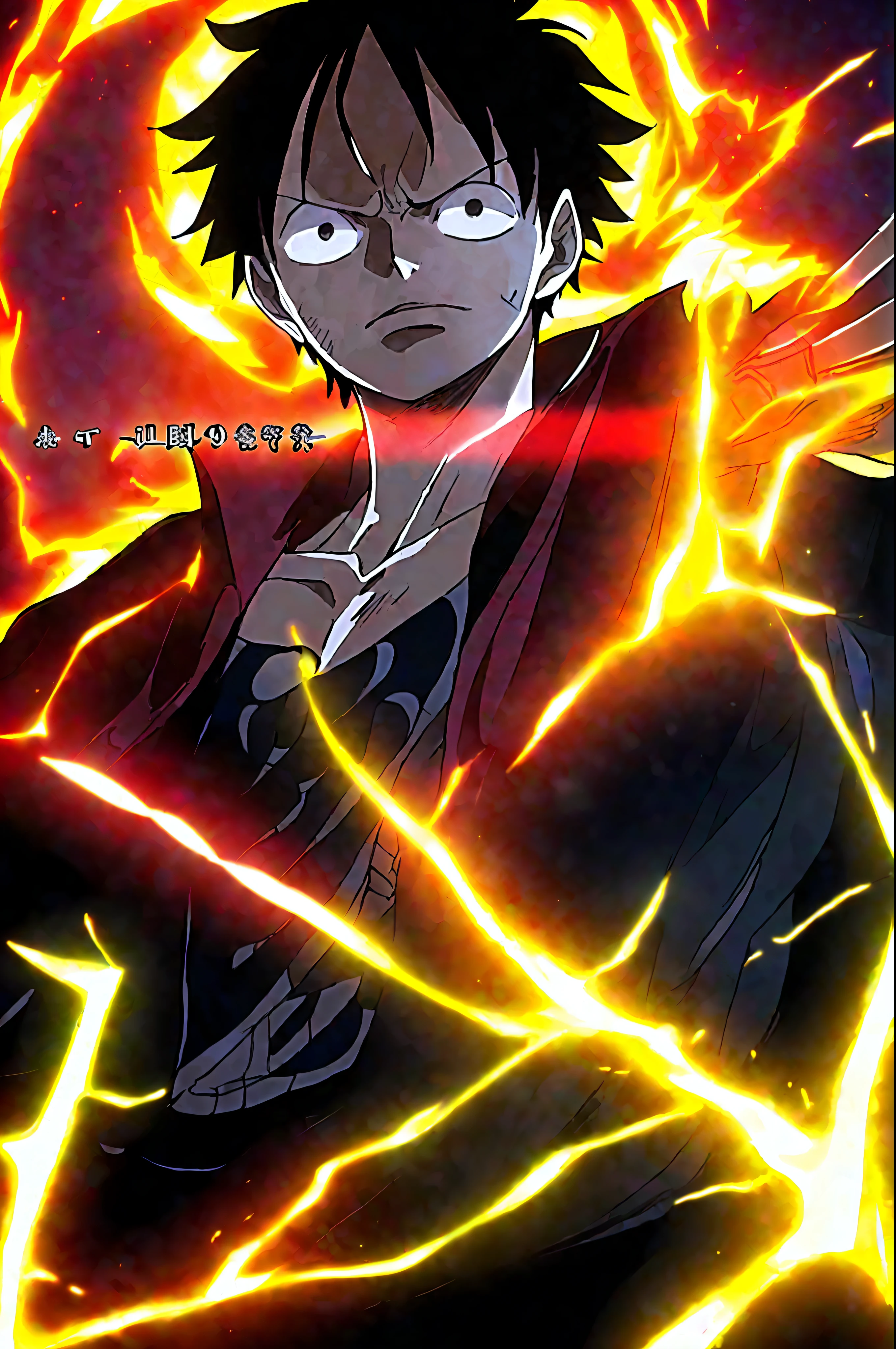 (generator='text', model='text-stable-inference-omega-v1', prompt='Monkey D. Luffy, the captain of the Straw Hat Pirates, wears his favorite straw hat and shows off the telltale mark on his chest. He confidently activates his arm and hand haki, and releases an awe-inspiring amount of king haki that fills the surroundings with his commanding presence. The scene is atmospheric and intense, with dramatic shadows and strong highlights highlighting his iconic silhouette. Focus on his facial features and the details of his clothing, as well as the overlapping layers of aura that form around him. Make it feel powerful and epic.')
