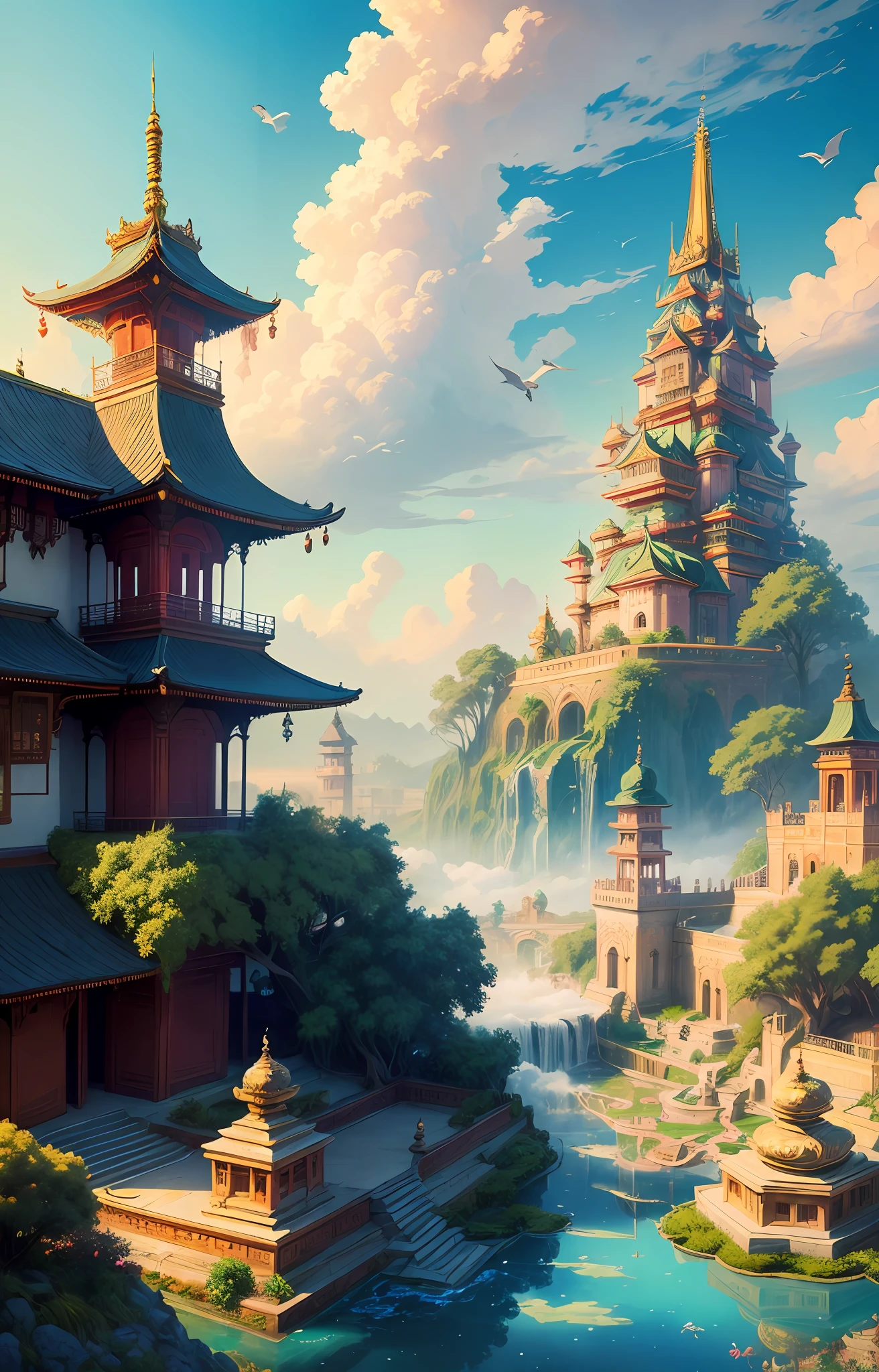 Real scenes, temples on the clouds, gardens, ornate decorations, cranes, birds and animals, fantasy wonderland, clouds, majestic, glazed tiles, colorful lights, masterpieces, high quality, exquisite graphics, high detail