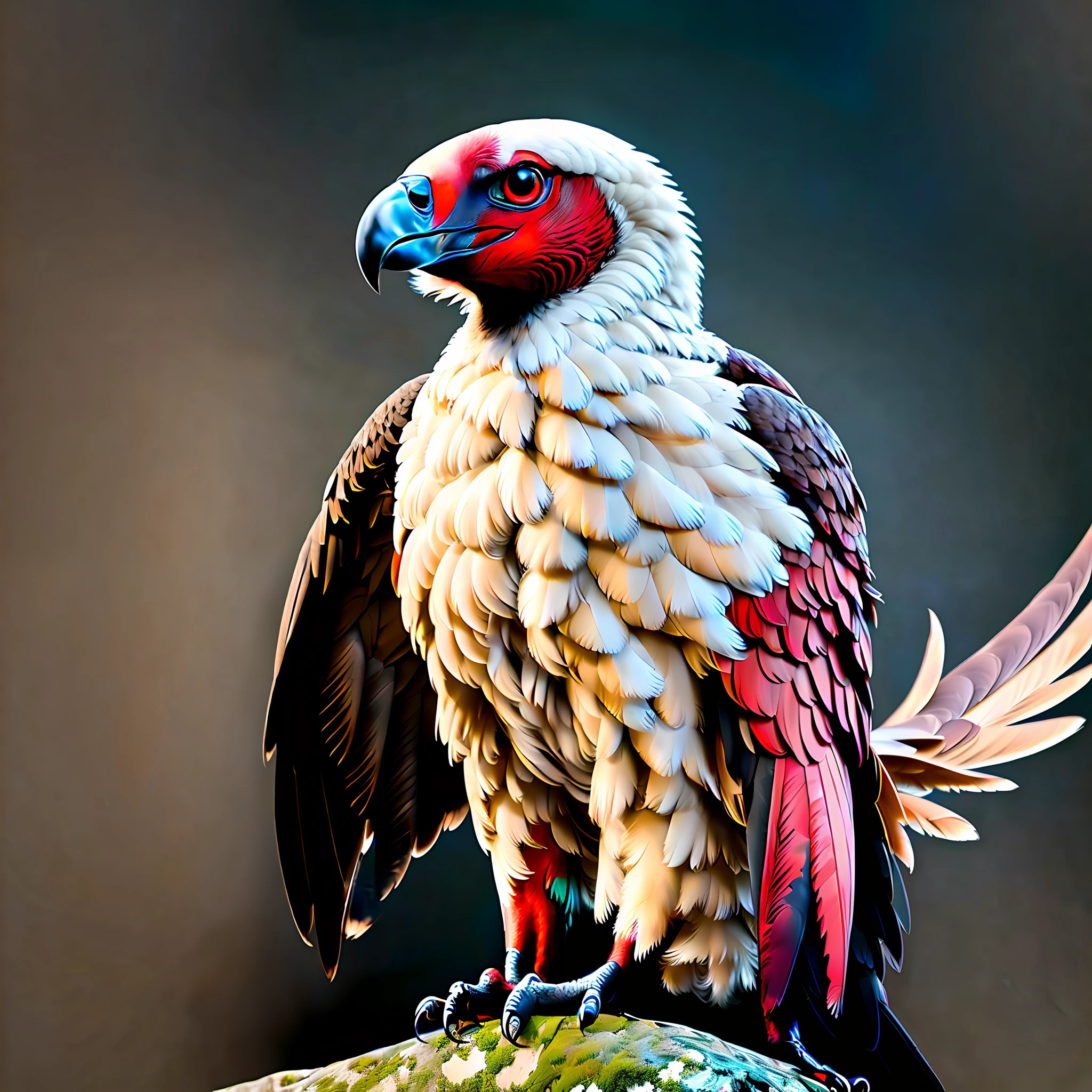 "Create a realistic 8K vulture with red and black accents and a white screen background. Make sure that the resulting image has a dark and menacing appearance, with details that highlight the natural beauty of the vulture. Add textures and details to the vulture's plumage, such as soft feathers and red and black details. Make sure the vulture is in a position that shows its wingspan and sharp claws. Add details to the white background, such as shadows and subtle lighting, to give depth to the image. Make sure the resulting image is high-resolution, 8K quality." —c 10 —ar 2:3