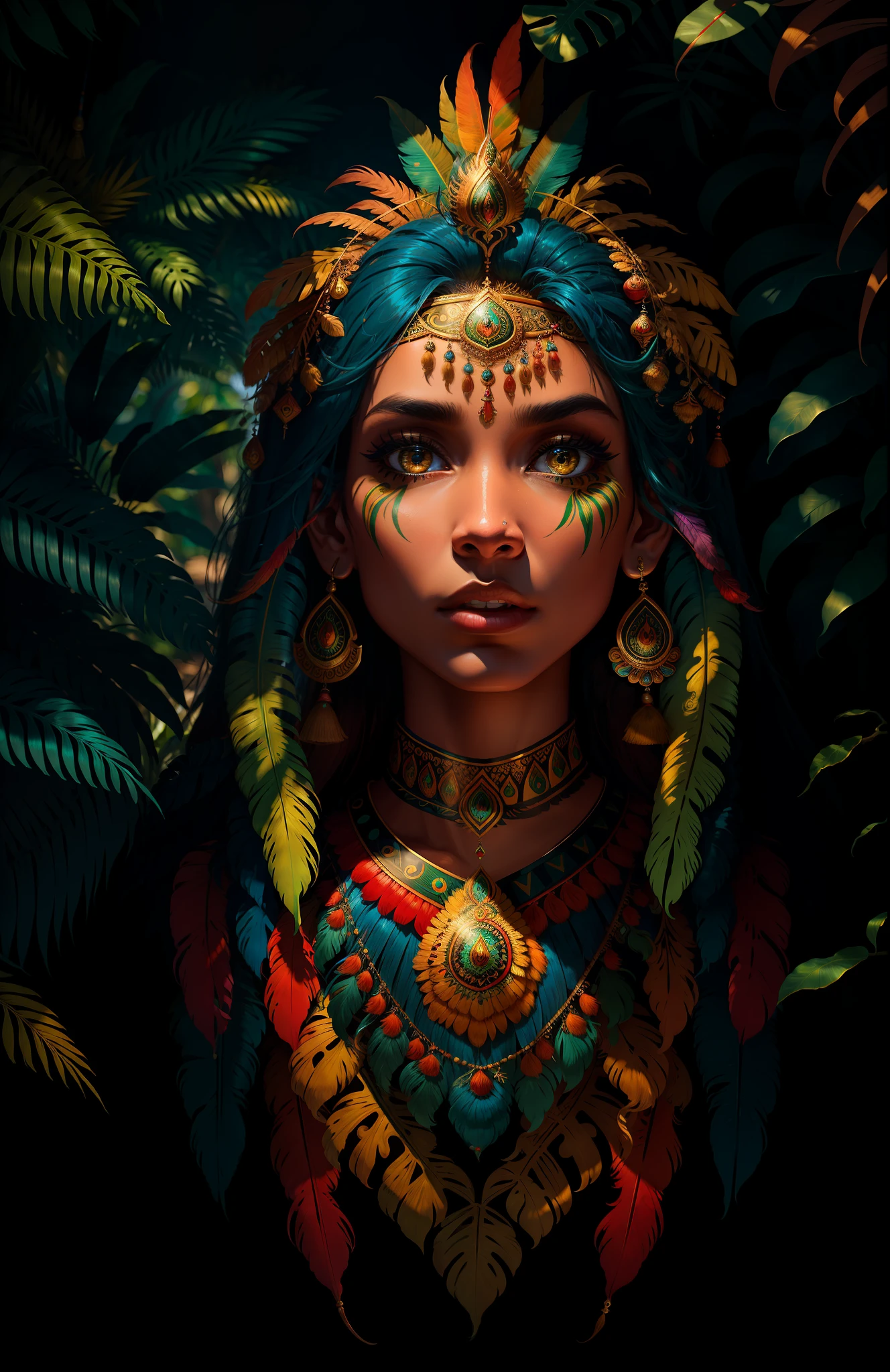 ((best quality)), ((masterpiece)), ((realistic)), Wild Xavante India girl, full body, the hair is composed of countless macaw blue parrot feather, honey eyes, female face, metal carved top, royal aura, trend on artstation , sharp focus, studio photo, intricate detail, very detailed, detailed eye, illustration, very detailed, sharp focus, digital render, professional, 4k // Wild Xavante India