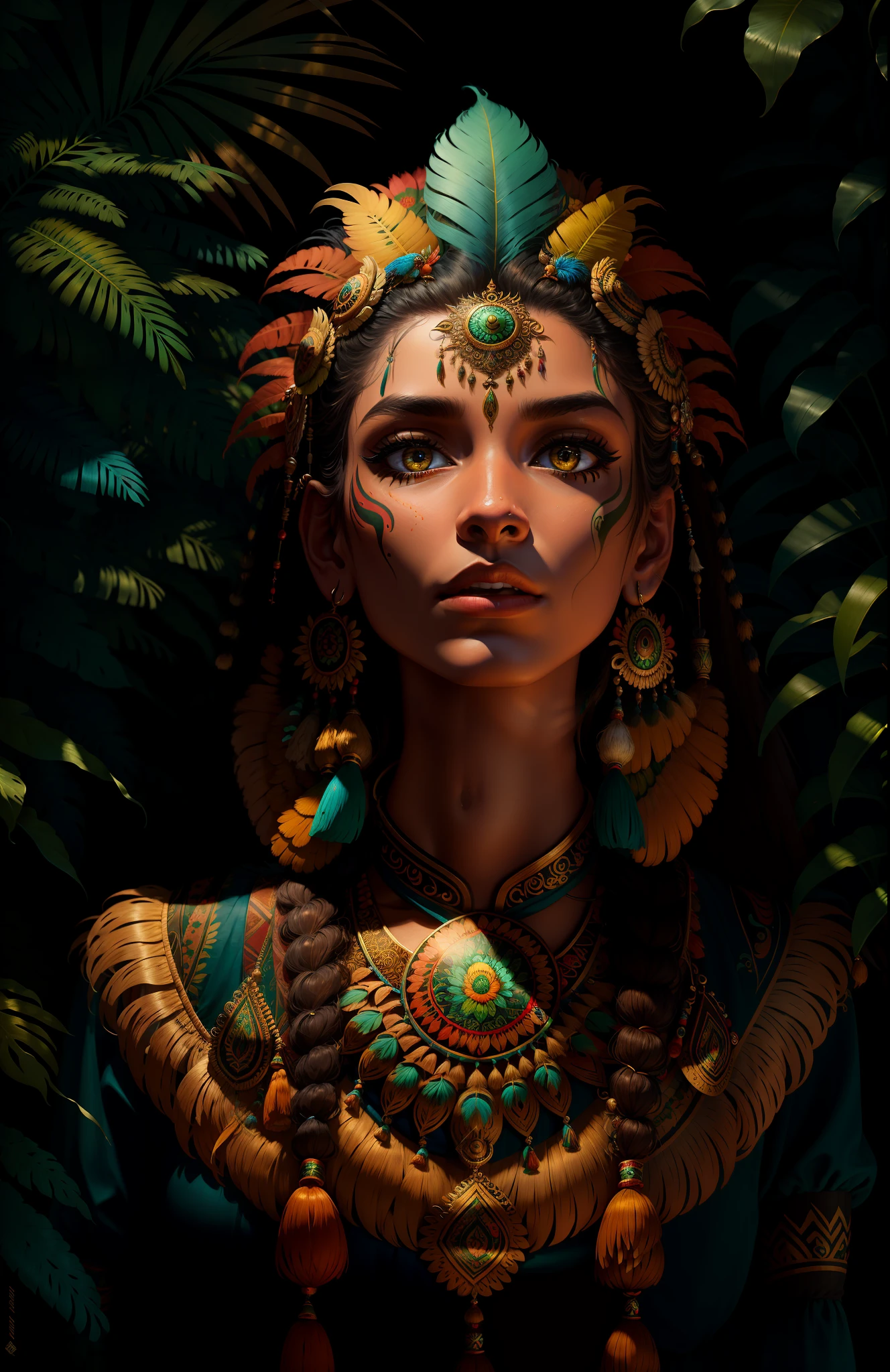 ((best quality)), ((masterpiece)), ((realistic)), Wild Xavante India girl, full body, the hair is composed of countless macaw blue parrot feather, honey eyes, female face, metal carved top, royal aura, trend on artstation , sharp focus, studio photo, intricate detail, very detailed, detailed eye, illustration, very detailed, sharp focus, digital render, professional, 4k // Wild Xavante India