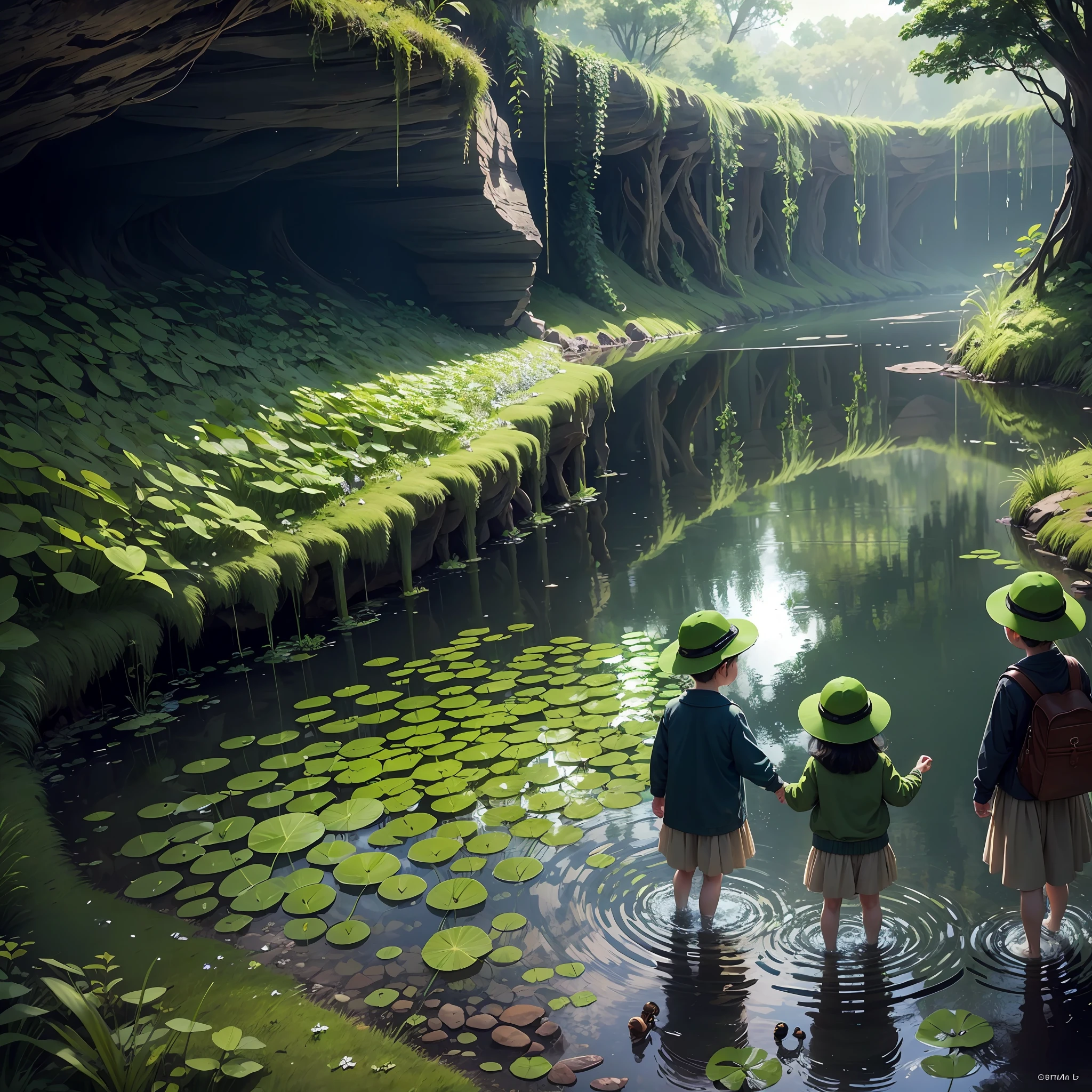 Children walk carefully through the waterways, cave light illuminates the front, and duckweed on the surface of the water sways with the current --auto --s2