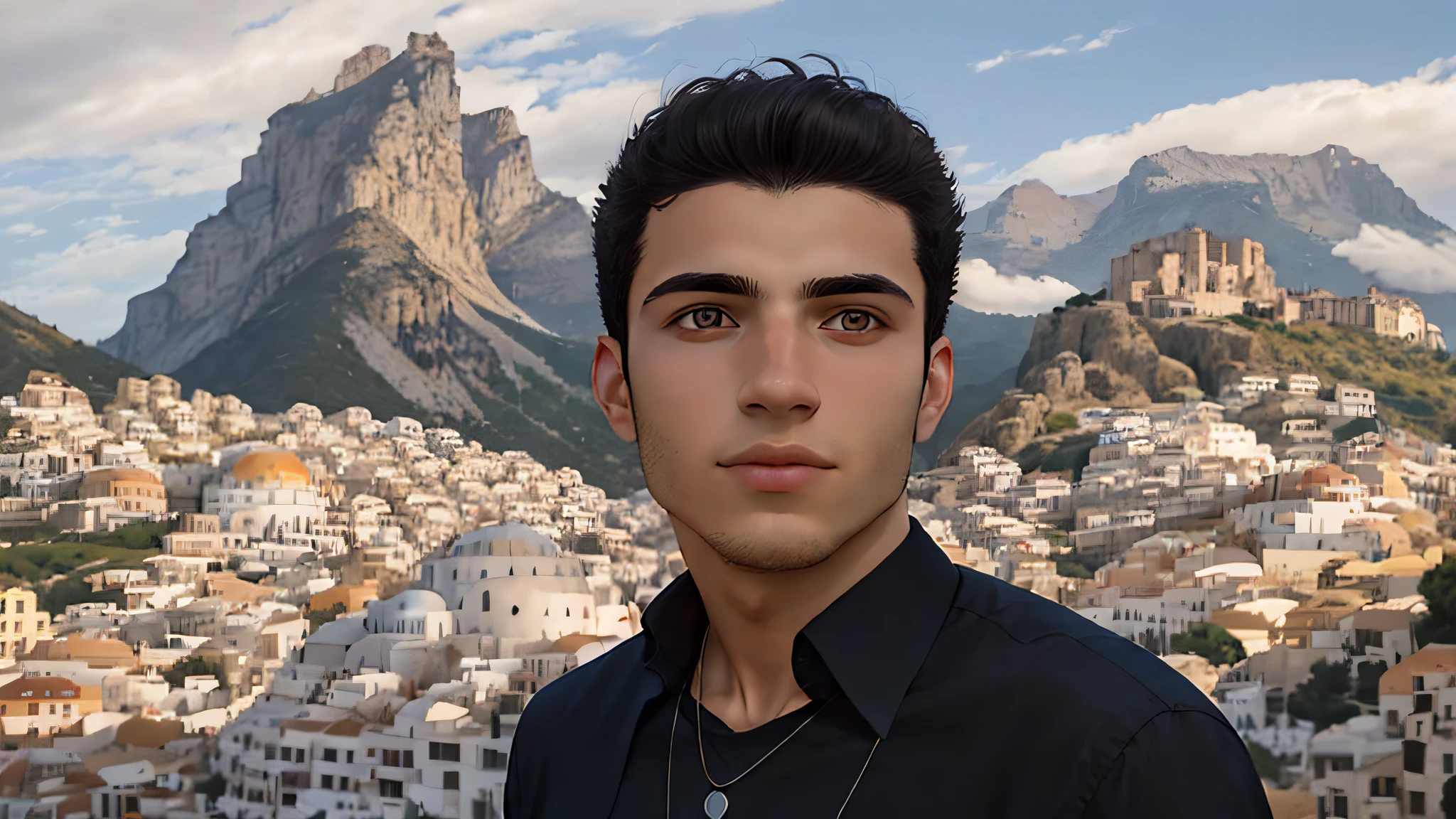 arafed man with a black shirt and a necklace standing in front of a city, christian dimitrov, young spanish man, young greek man, profile picture 1024px, edin durmisevic, in spain, aykut aydogdu, with mountains in the background, with a city in the background