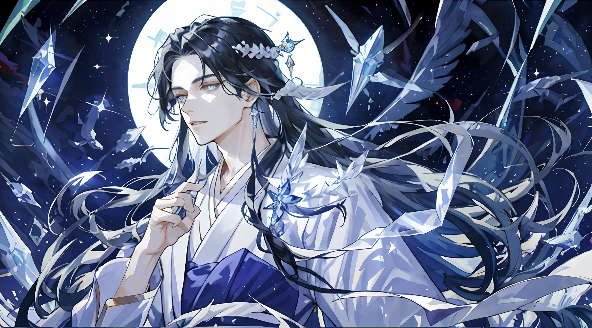 Hanfu, long hair, dramatic composition, extreme details, young men, delicate facial features, opal-like eyes, crystal, glass, sparkle, shiny crystal, diamonds, crystal fragments, wide robes and big sleeves, look at the camera,