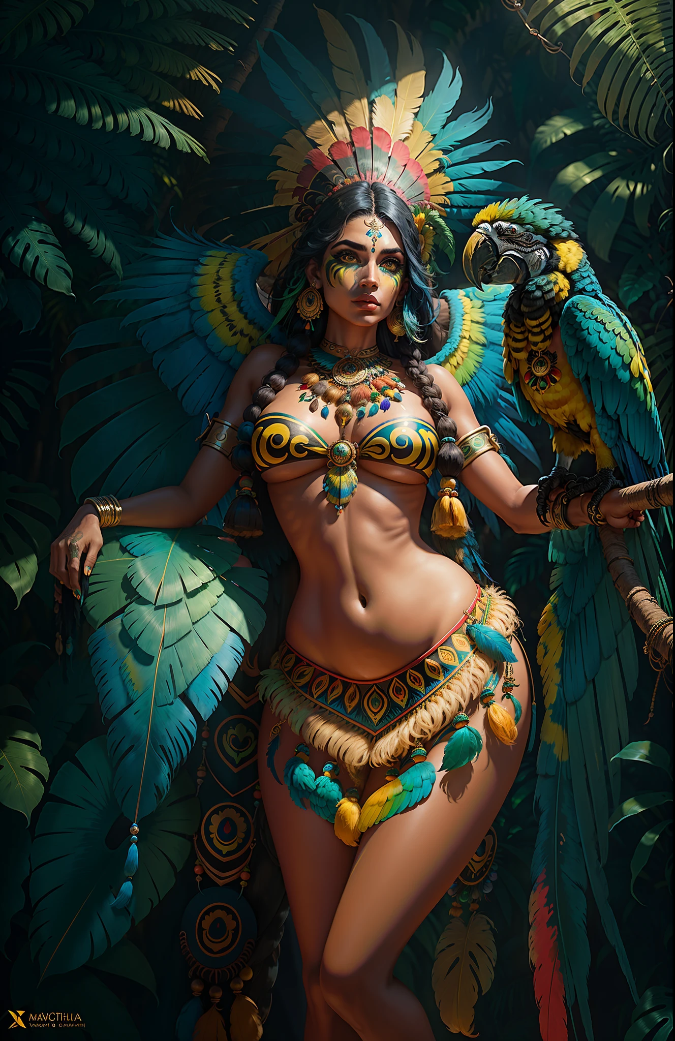 ((best quality)), ((masterpiece)), ((realistic)), Wild Xavante India girl, full body, the hair is composed of countless macaw blue parrot feather, honey eyes, extreme tanned skin, extreme long black straight hair messes over naked boobs, huge macaw blue parrot feather headdress, big cheeks, long legs, curvy, indigenous yellow and green breast painting, breast painted blue and yellow, indigenous yellow and green facial painting, huge macaw blue parrot feather necklace, female face, metal carved top, royal aura, trend on artstation , sharp focus, studio photo, intricate detail, very detailed, detailed eye, illustration, very detailed, sharp focus, digital render, professional, 4k