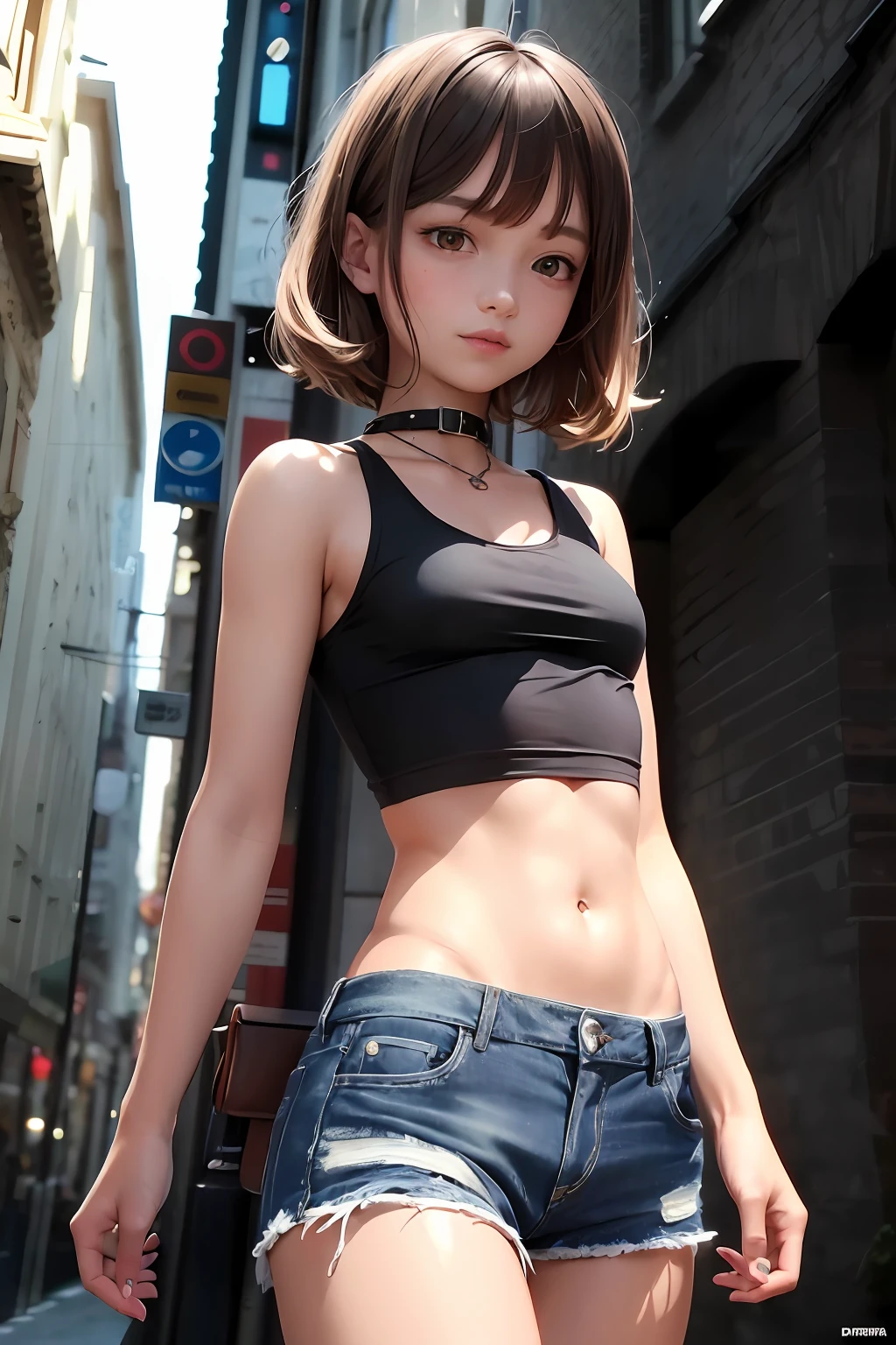 ((medium breast, tomboy girls, small head)),  (chiseled abs : 1.1), (perfect body : 1.1), (short wavy hair : 1.2) , auburn hair, collar, chain, full body shot, crowded street, wearing black tanktop, jeans jacket, ((shorts)), (extremely detailed CG 8k wallpaper), (an extremely delicate and beautiful), (masterpiece), (best quality:1.0), (ultra highres:1.0),  beautiful lighting ,perfect lightning, realistic shadows, [highres], detailed skin, ultra-detailed (((colorful)))