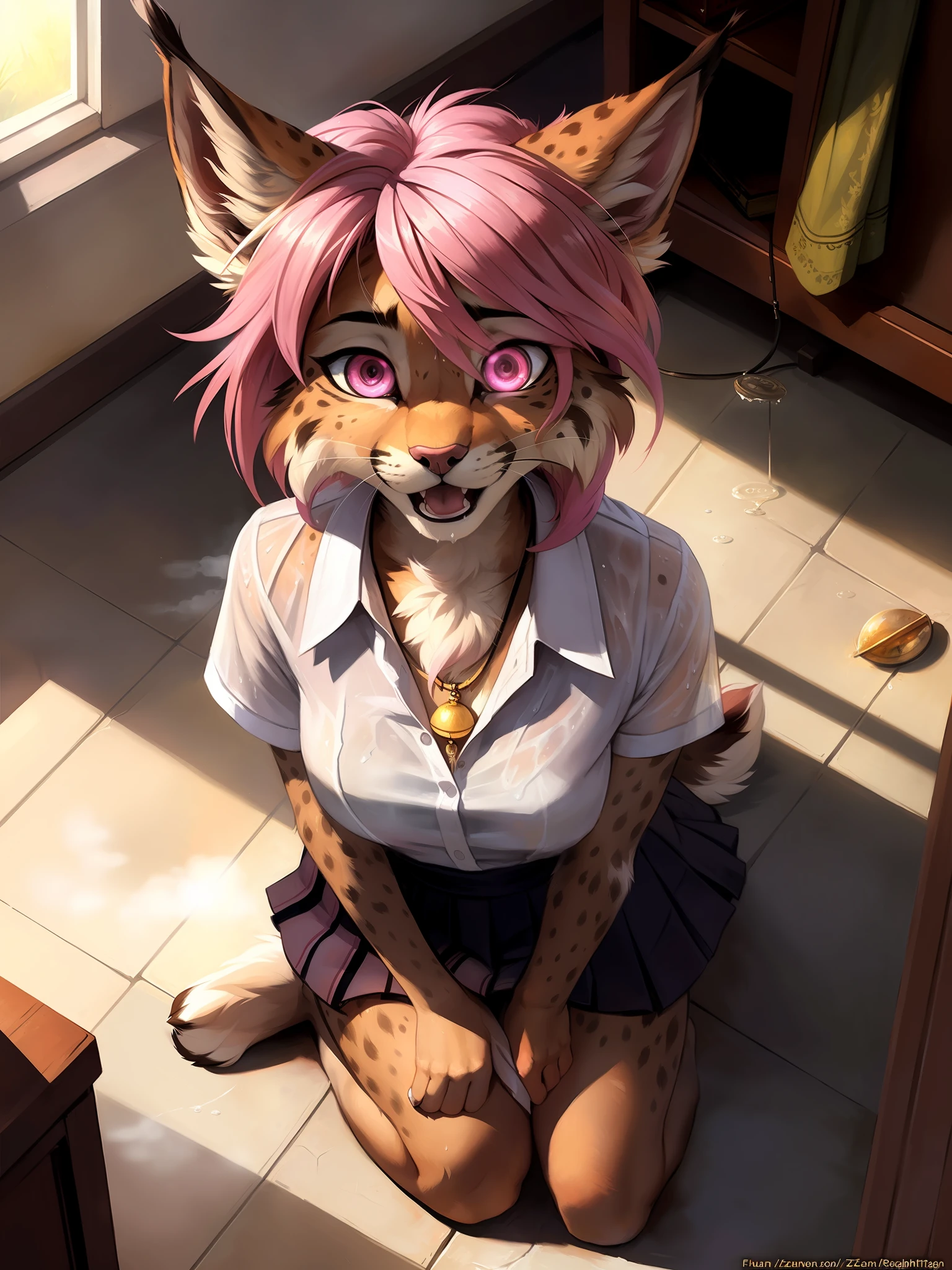 uploaded the e621, beautiful and detailed portrait of a woman (((woman))) anthro lynx, kenket, Ross Tran, ruan jia, uploaded to e621, zaush, foxovh, lighting zenematic, seductor, bl, lynx, thighighs, big chest, full body, beautiful, messy hair, pink hair, schoolgirl uniform ((wet shirt, soaked shirt)), basement, hypnosis, mental break, broken mind, mind control, mindbreak, open mouth ((:o)), directly seeing a pendulum, slave, slave, brainwashing, brainwashing, expressionless, confused, thicc, alone, submissive, kneeling, lost eyesight, luminous pink eyes, view from above, dilated pupils, steam, sweating, in heat, lust, trembling