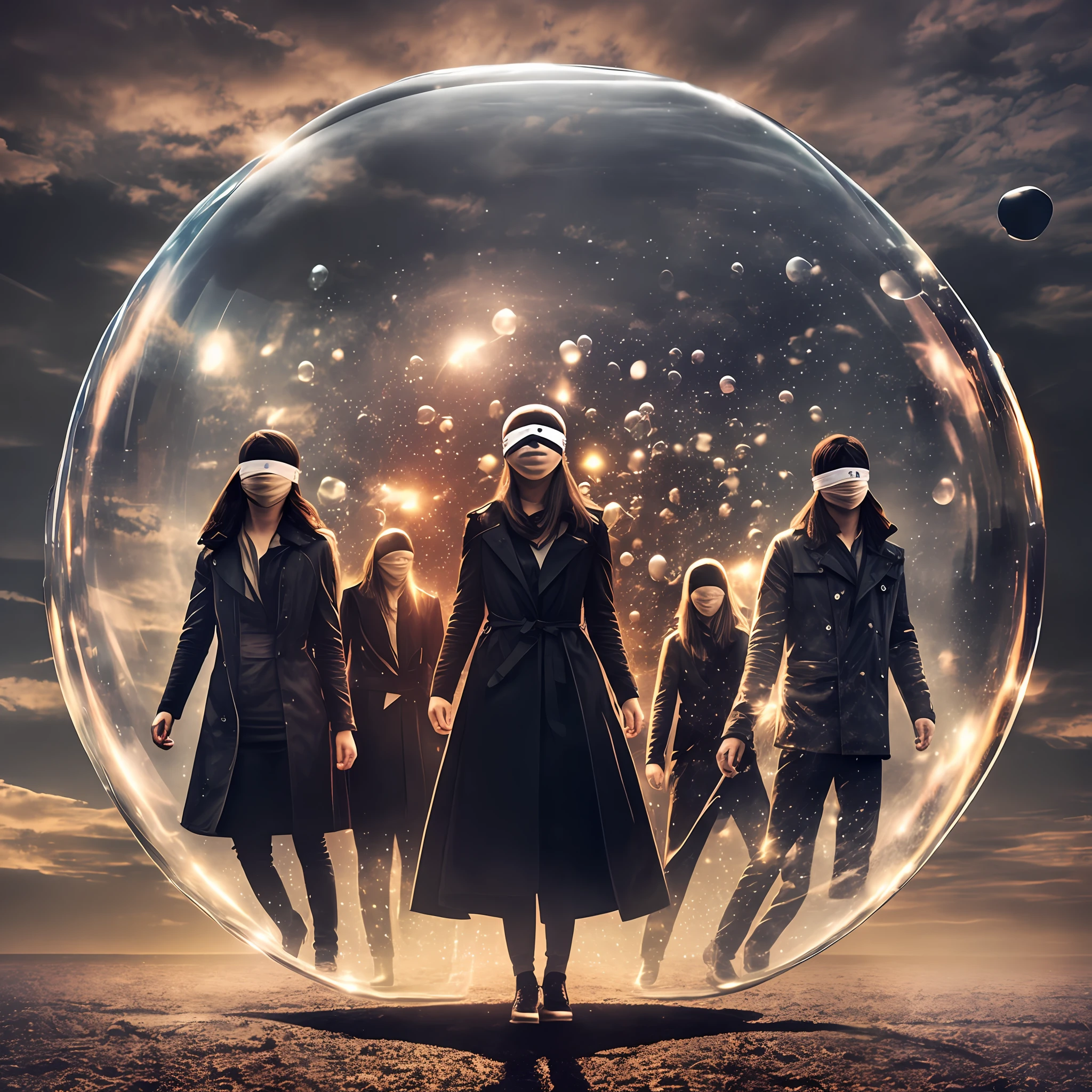 several people blindfolded inside a giant bubble, dark style, realistic, music cover art