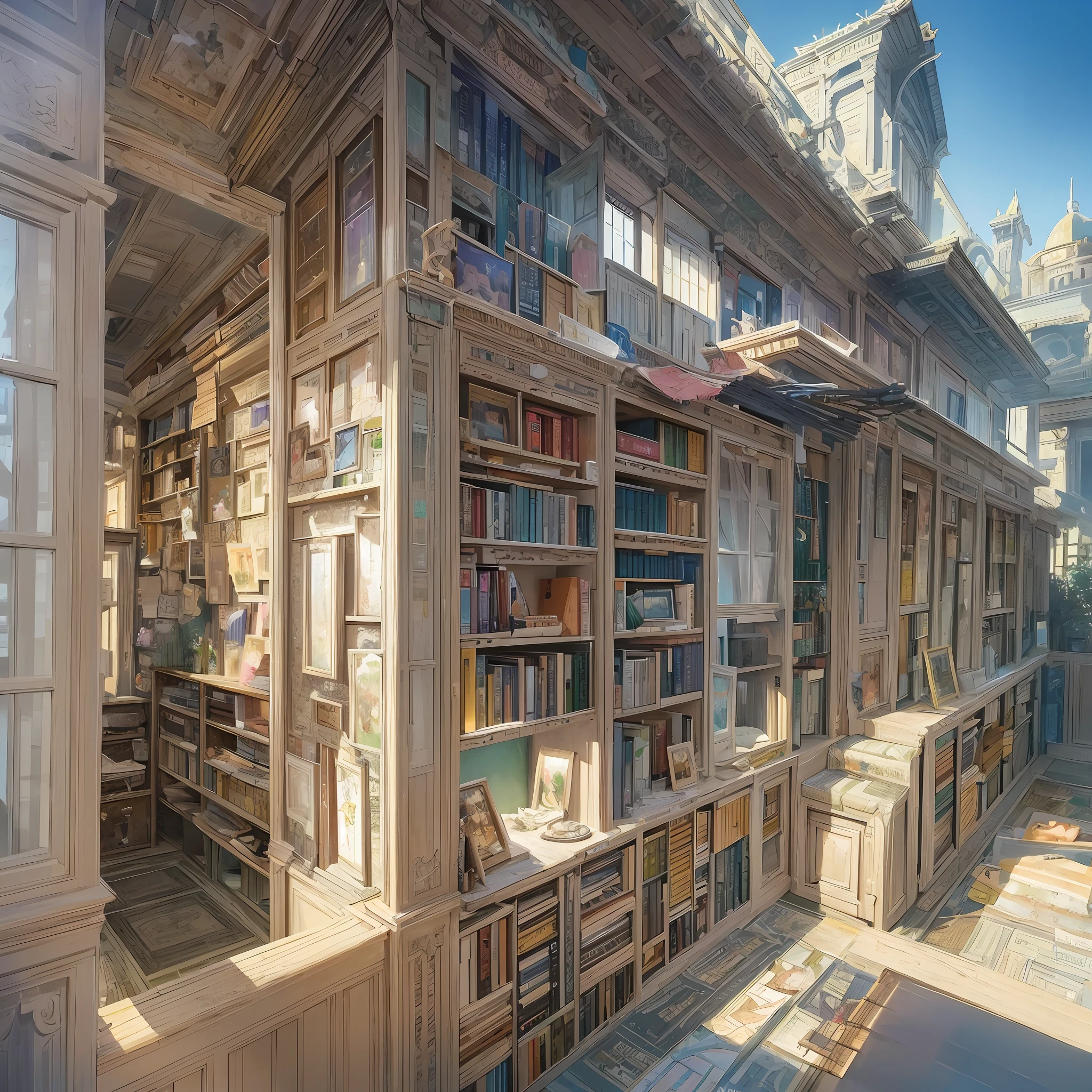 8k watercolor of aH yperdetailed bookshelve, sunny day, inspired by ross tran and wlop and masamune shirow and kuvshinov, concept art, intricate, highly detailed, photorealistic, 8 k, huang guangjian, cgsociety --auto --s2