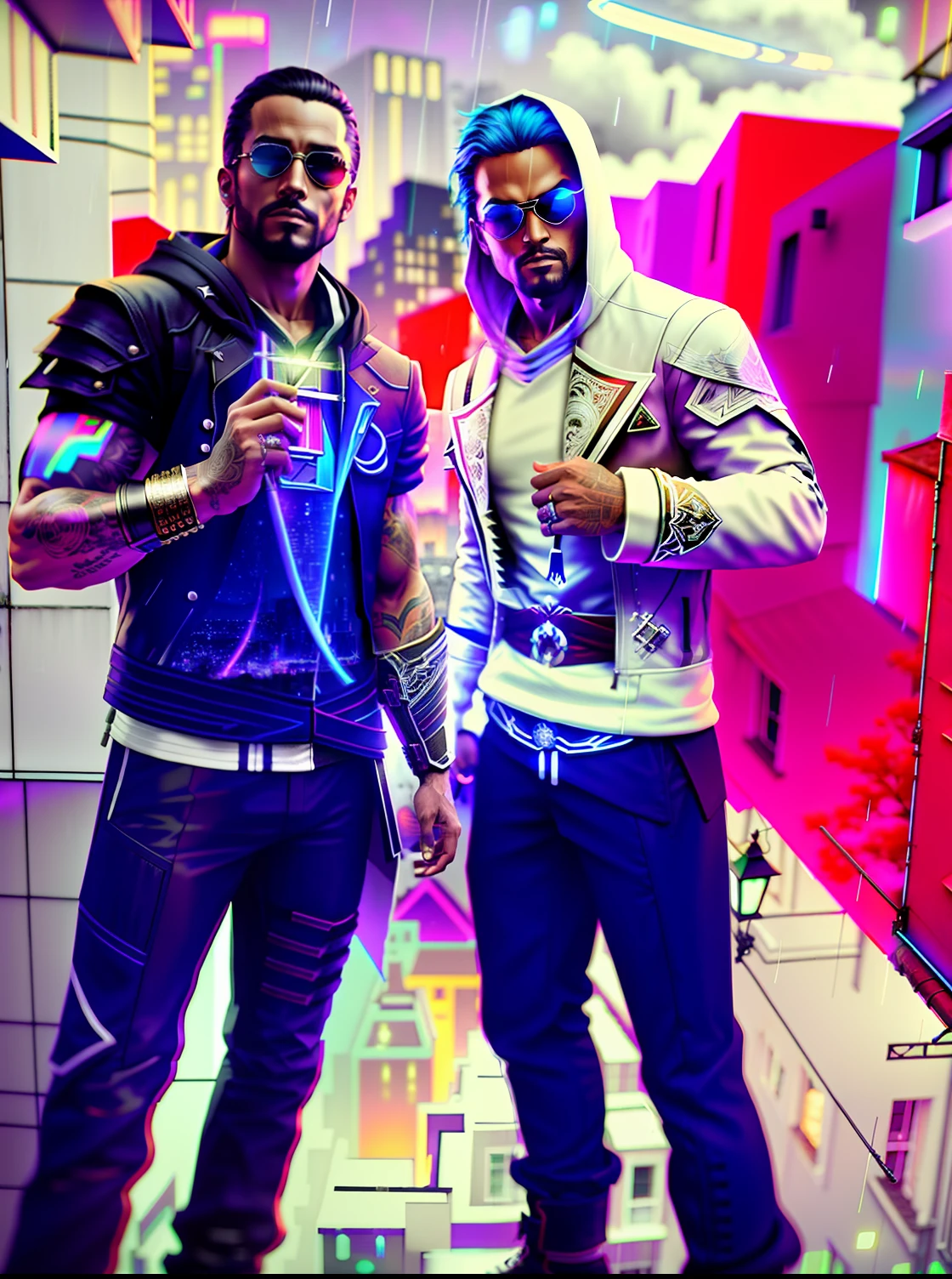 An award winning master piece photo of 2 riped lean man, assassins creed clothes(Eizo), cape with psychedelic colors, standing in a roof at night in the rain, moon on the sky ,neon-colored buildings, 8k, (high quality:1.1), (cinematic feeling:1.1), dark deep shadows, incredibly intricate detailing, art , (up close:1.1), from above, looking at viewer, (light sparkles:1.1), (chromatic aberration,:1.2)