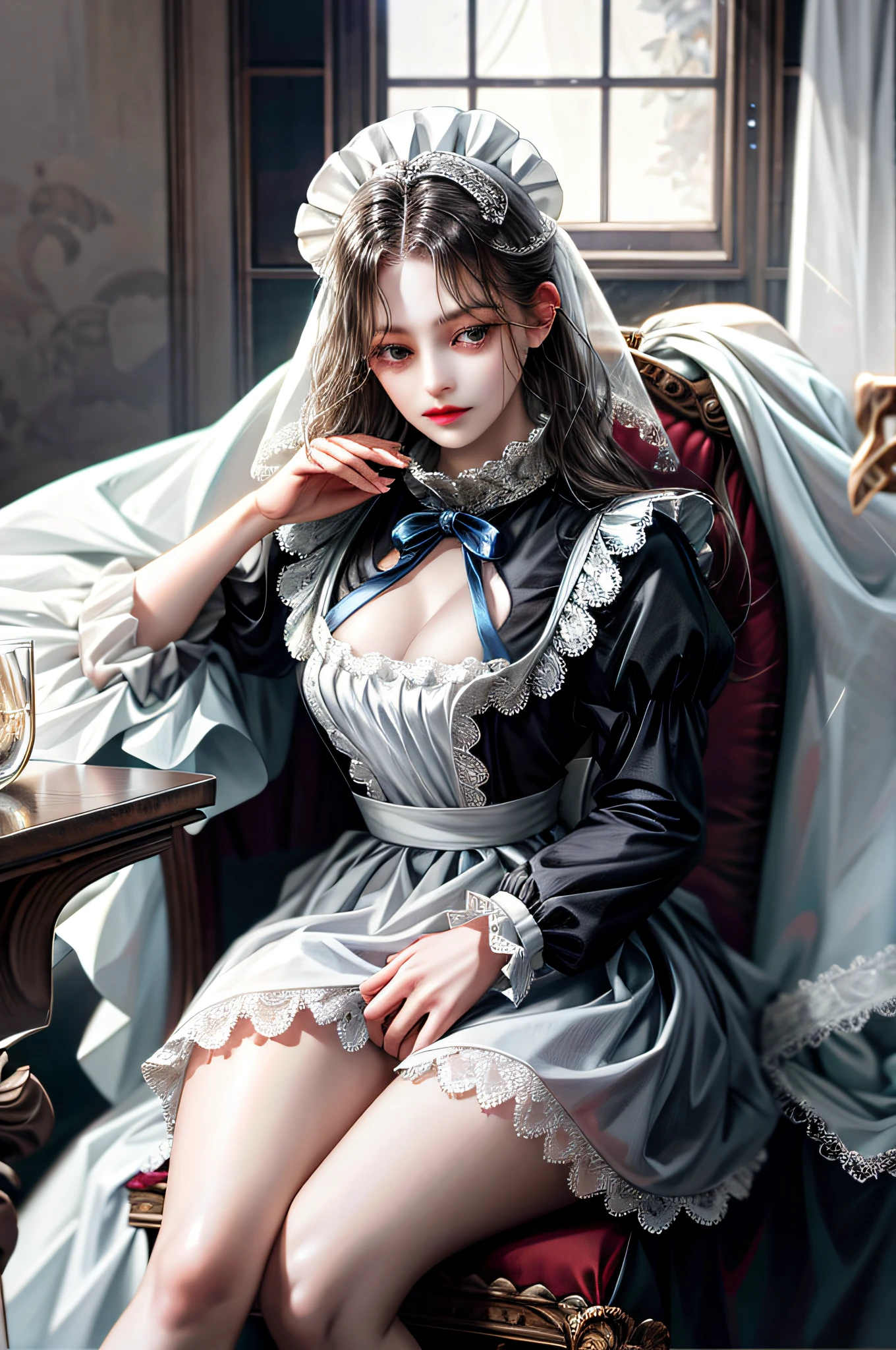 (absurd, high resolution, ultra-detailed), (absurd, high resolution, ultra-detailed), (1girl: 1.5), (sitting, holding the knees, crotch wide open: 1.4), (legs raised high up: 1.3), (white panties: 1.5), maid clothes, lewd poses, sensual poses, long sleeves and high collar, black and white, skirts were wide and ruffled, The blouse has lace details or ribbons. In addition, they wear a dress on their head and a white apron over a hat. Frugal attic room