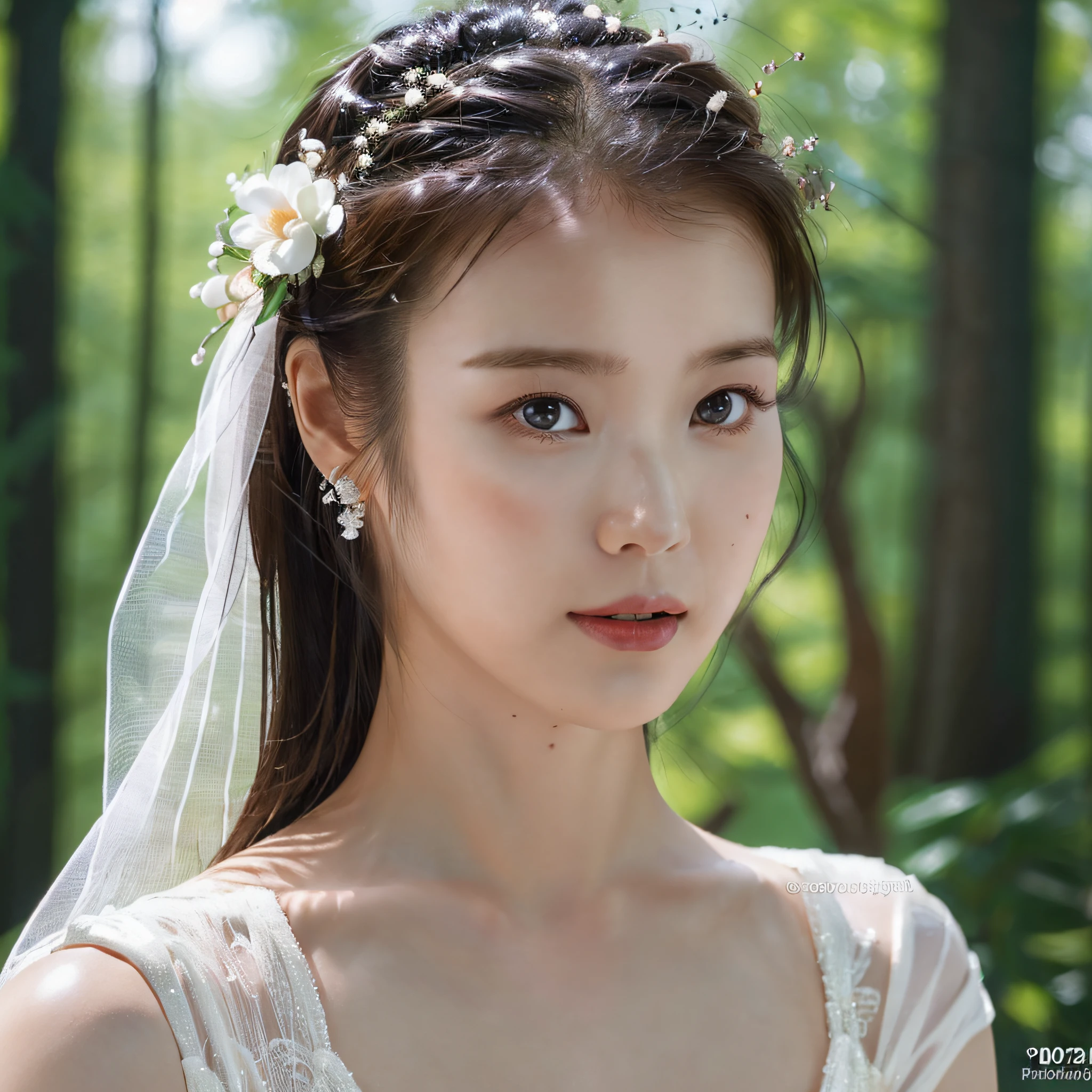 IU, (close-up photo:1.1),(pov:1.1), korean, woman, complex 3d render ultra detailed, portrait of beautiful woman, smile, moody portrait, striking features, beauty, intricate details, dramatic composition, tension, contrast, texture, realism, high-quality rendering, stunning art, high quality, film grain, Fujifilm XT3, swirly bokeh, (realistic, photo-realistic:1.4), RAW photo,physically-based rendering,(looking at viewer:1.4),(8k, best quality, masterpiece:1.2),(full body shot:1.5), octane render, extremely detailed CG, unity 8k wallpaper, (studio soft light, rim light, in forest, sunlight:1.2), standing, (a girl is wearing wedding dress:1.5), hyper realistic detail shiny skin, ultra detailed,(ultra realistic:1.5),(intricate:1.2),(photorealistic:1.4),1girl,(skinny:1.3), detailed background, round face, sharp jaw, petite, 20 years old, perfect anatomy