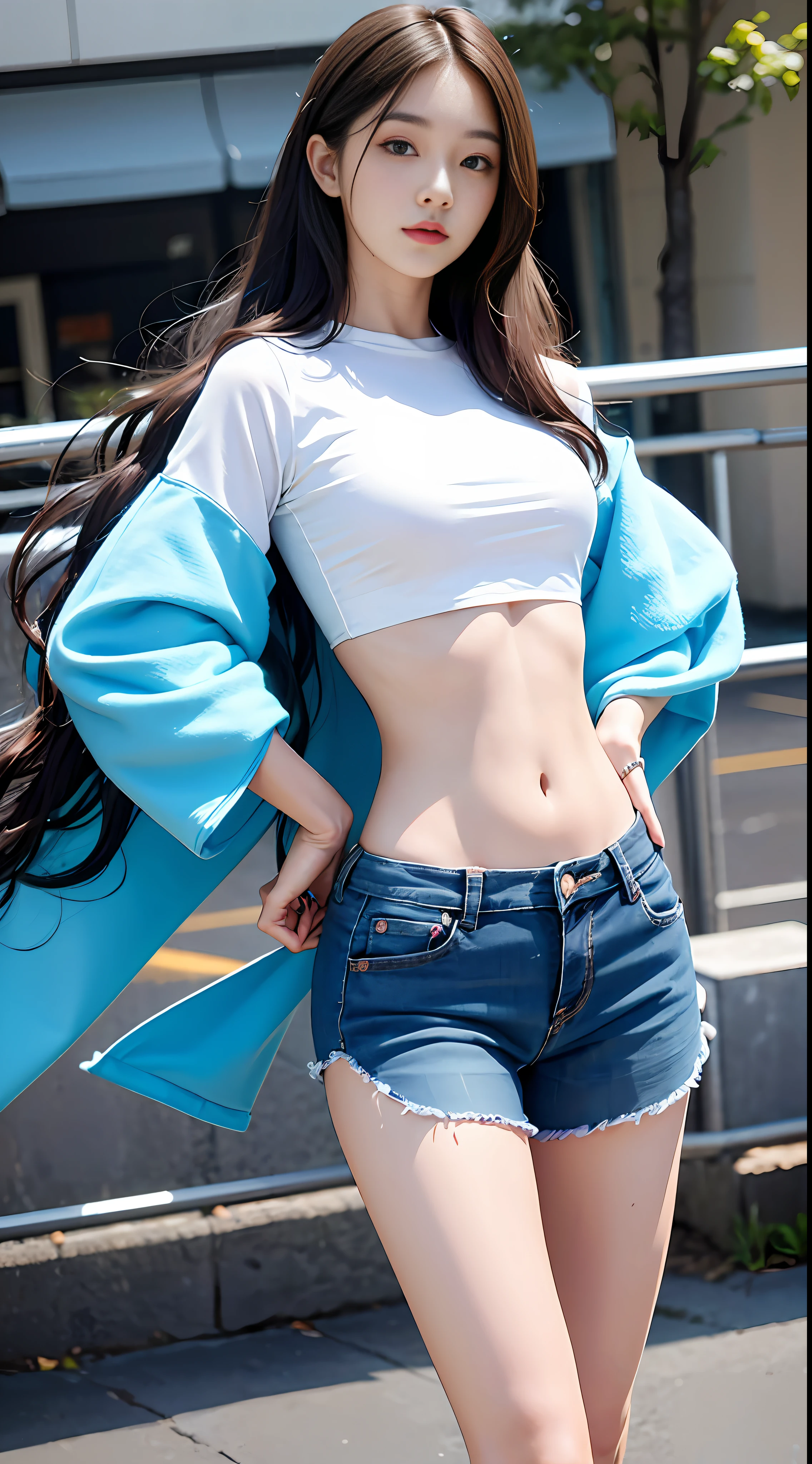 (Masterpiece, realistic, high resolution), ((1 girl): 1.2), Korean, ((wavy long hair): 1.3, ball head, shawl hair), (heterochromatic eyes: 1.1, clear, bright), (white and blue color-block tight T-shirt, blue rounded sports shorts, white edges), ((round breasts): 1.8, small waist, crop top, thin legs), plastic runway