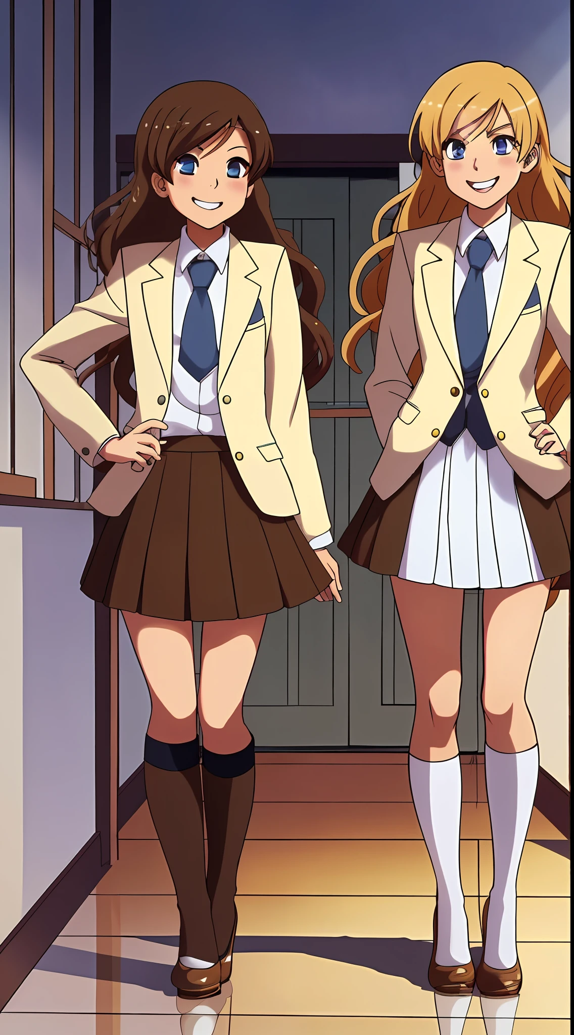 perfect anime illustration, 17 year old girls, 2girls, (1 blonde girl, 1 brown haired girl), twin sisters, brown hair, blonde hair, curly hair, long hair, different hair colors, hazel eyes, smiling, white skin, school uniform, blazer, high heels, matching outfits, highres, bedroom, full body