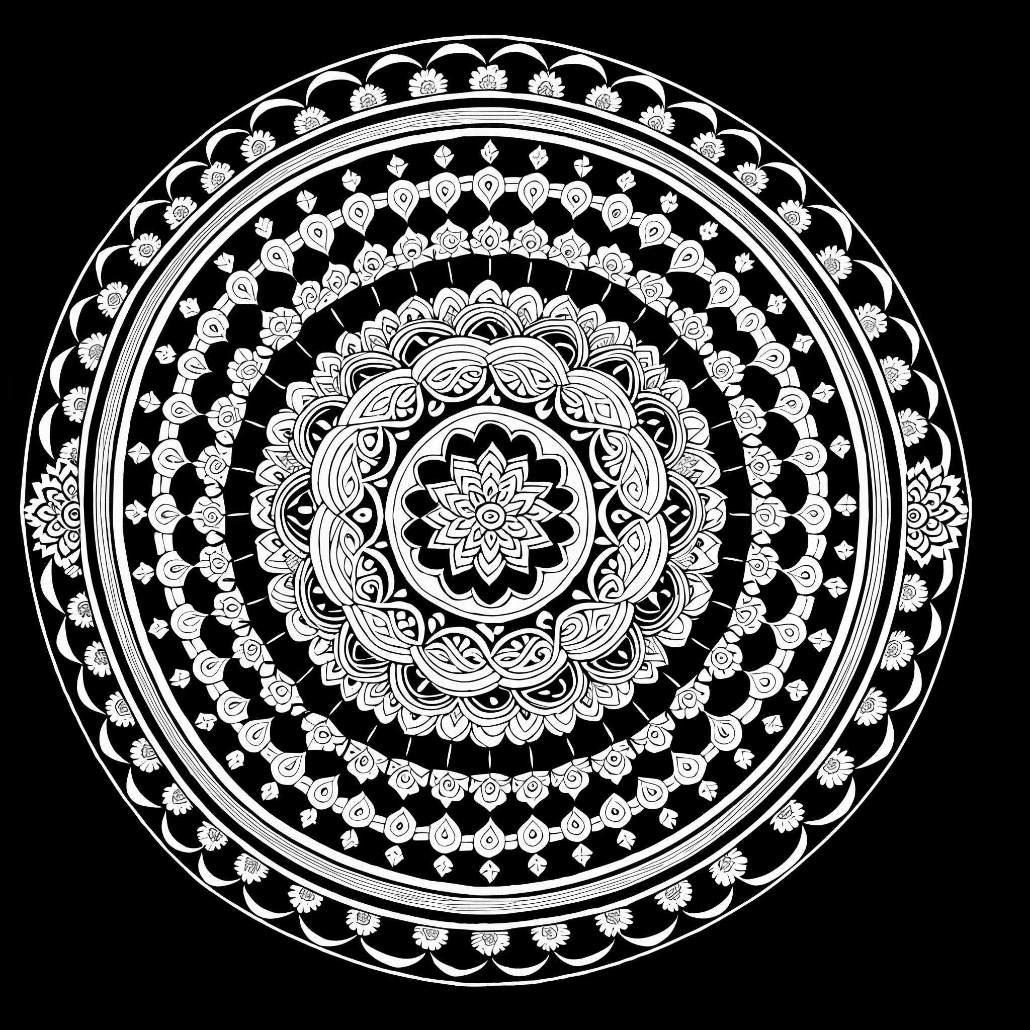 A circular coloring page with a black and white flower design, a beautiful Buddhist mandala, with intricate detailed symmetry, highly detailed symmetry, mandala, highly detailed line, detailed symmetrical symmetrical complex fine details, detailed ultra intricate details, lotus mandala, intricate lineart, symmetrical and intricate, radial centered design, mandalas, mandala ornament, mandala art, no shadows,  space between blank lines, petetically symmetrical