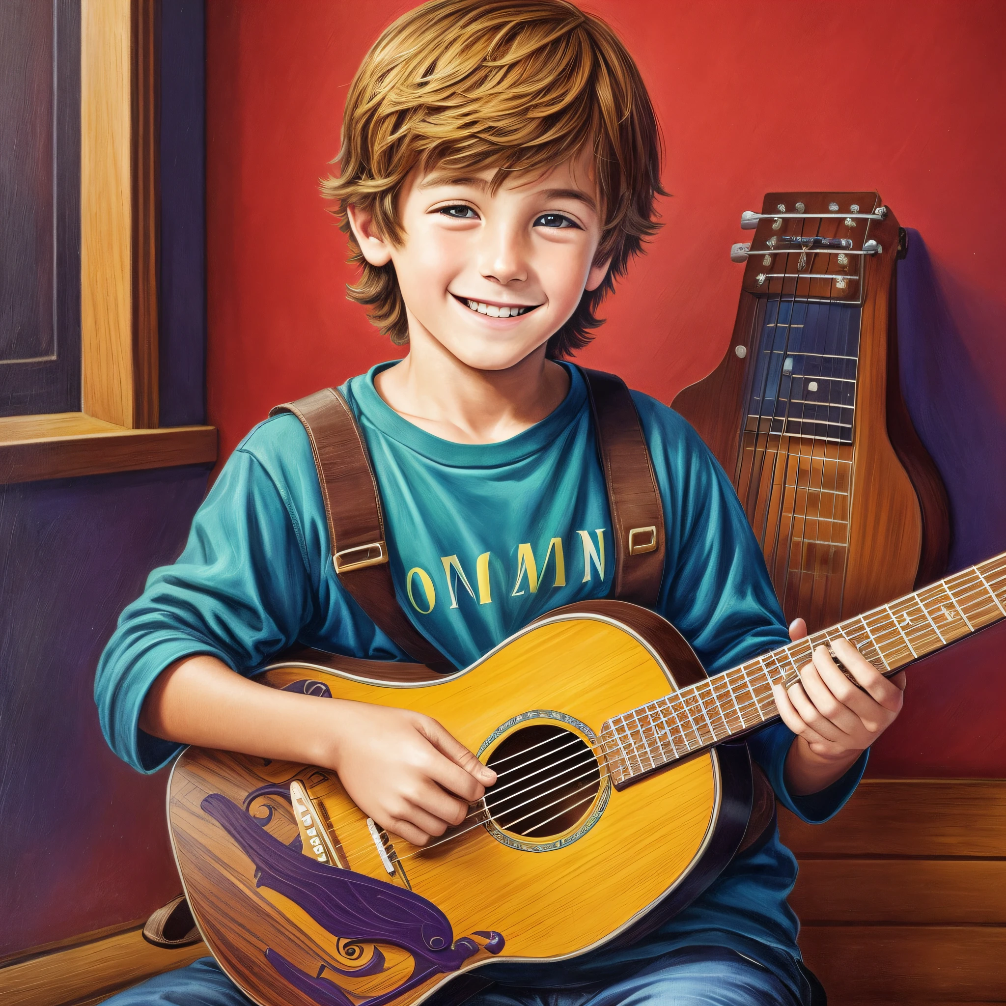 1 A colorful and vibrant illustration of Paul a 6-year-old boy, the book's protagonist, holding the wooden toy guitar he got from his stepfather. Paul is smiling, his eyes bright with emotion and passion for music. In the background, there are musical and musical notes, representing the central theme of the story. The image conveys a sense of emotion, overcoming and joy, capturing the essence of Paul's journey in realizing his dream of playing the guitar. (masterpiece),(photorealistic:1.3), NFSW, ultra-detailed, (highly detailed skin:1.2),(best quality:1.0), (ultra highres:1.0) --auto --s2