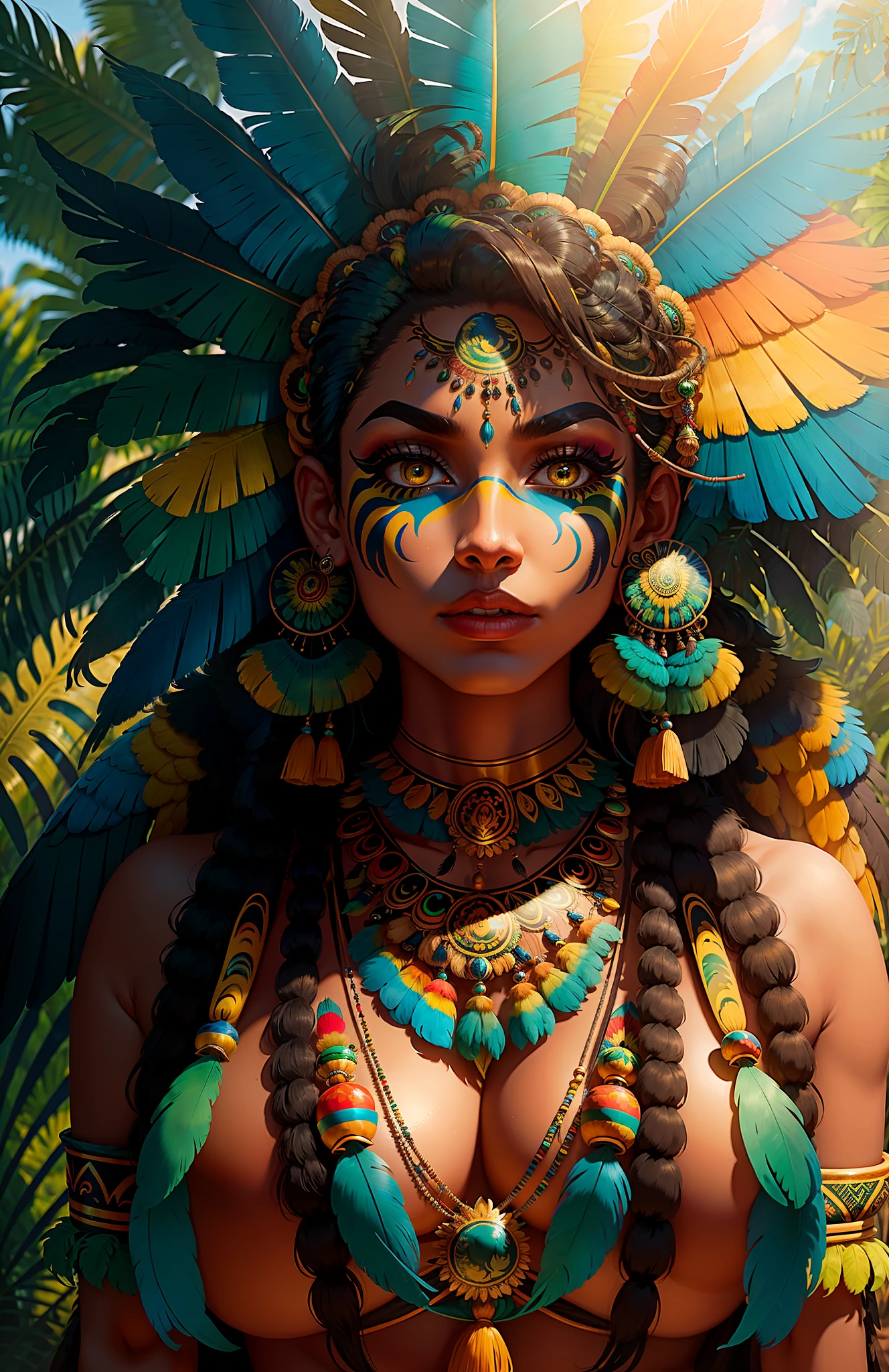 ((best quality)), ((masterpiece)), ((realistic)), Wild Xavante India girl, full body, the hair is composed of countless macaw blue parrot feather, honey eyes, extreme tanned skin, extreme long black straight hair messes over naked boobs, huge macaw blue parrot feather headdress, big cheeks, long legs, curvy, indigenous yellow and green breast painting, breast painted blue and yellow, indigenous yellow and green facial painting, huge macaw blue parrot feather necklace, female face, metal carved top, royal aura, trend on artstation , sharp focus, studio photo, intricate detail, very detailed, detailed eye, illustration, very detailed, sharp focus, digital render, professional, 4k