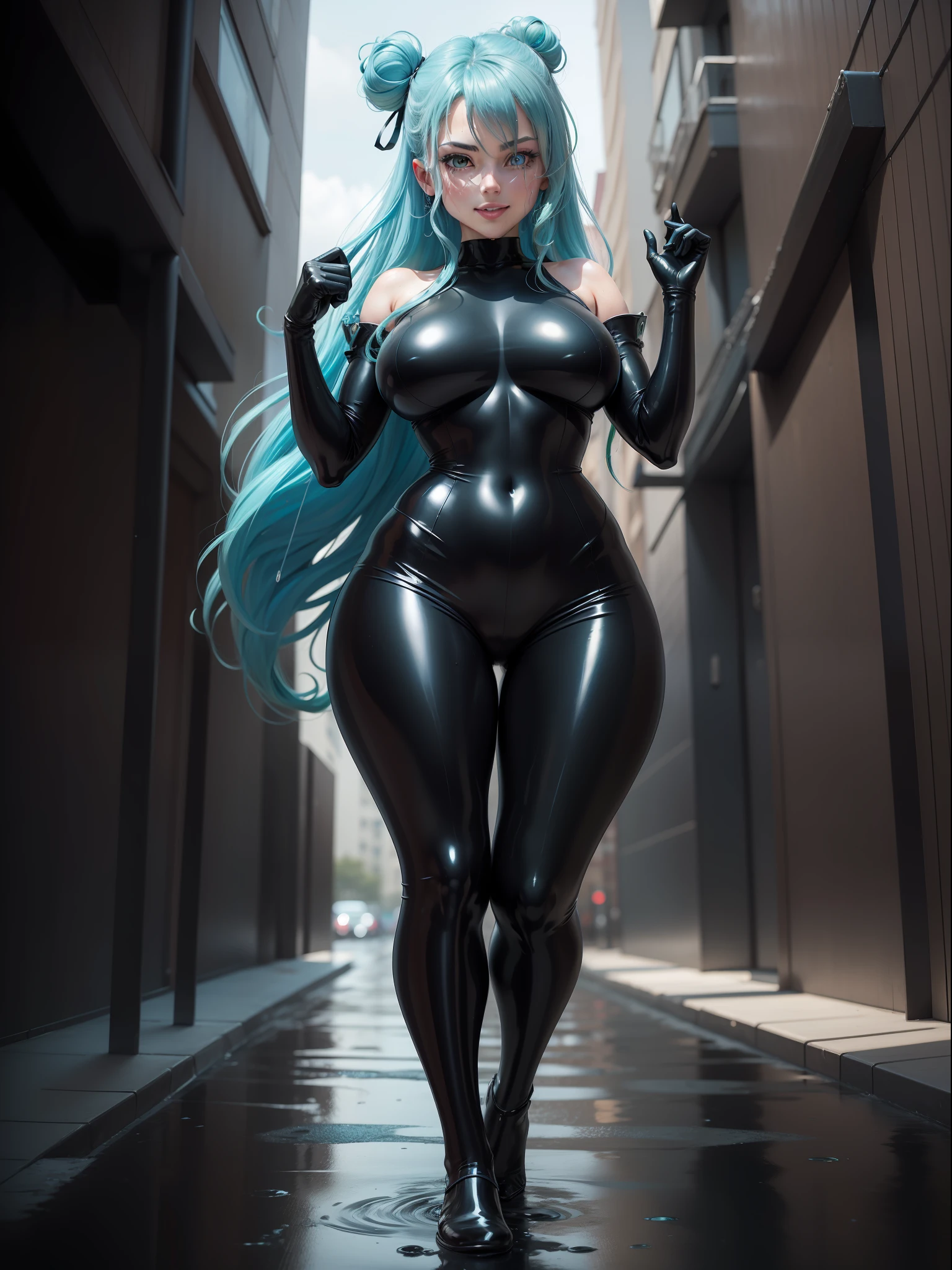 ((full body photo, feet on the ground, straight body)) {Marina:Super Kawaii woman, big breasts}; {black with red props/exhibitionist/extremely tight on body/latex ninja costume}. It's {hanging outside on the wall with a hook in a tall building}, {at night}, {raining heavily}, wet glass. She has {hair: Blue}, {eyes: green}, {is smiling, looking at the viewer}; Ninja, High detail, anime, 16k, UHD, retina, retina, ccurate, anatomically correct, textured skin, super detail, high quality, award-winning