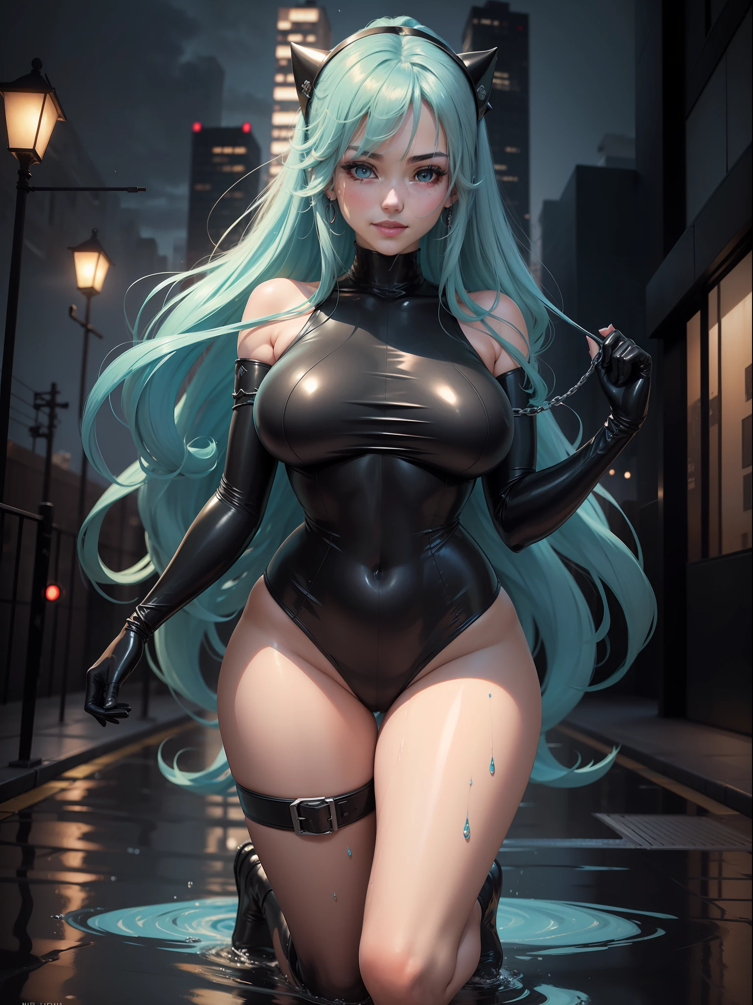 ((full body photo, feet on the ground, straight body)) {Marina:Super Kawaii woman, big breasts}; {black with red props/exhibitionist/extremely tight on body/latex ninja costume}. It's {hanging outside on the wall with a hook in a tall building}, {at night}, {raining heavily}, wet glass. She has {hair: Blue}, {eyes: green}, {is smiling, looking at the viewer}; Ninja, High detail, anime, 16k, UHD, retina, retina, ccurate, anatomically correct, textured skin, super detail, high quality, award-winning