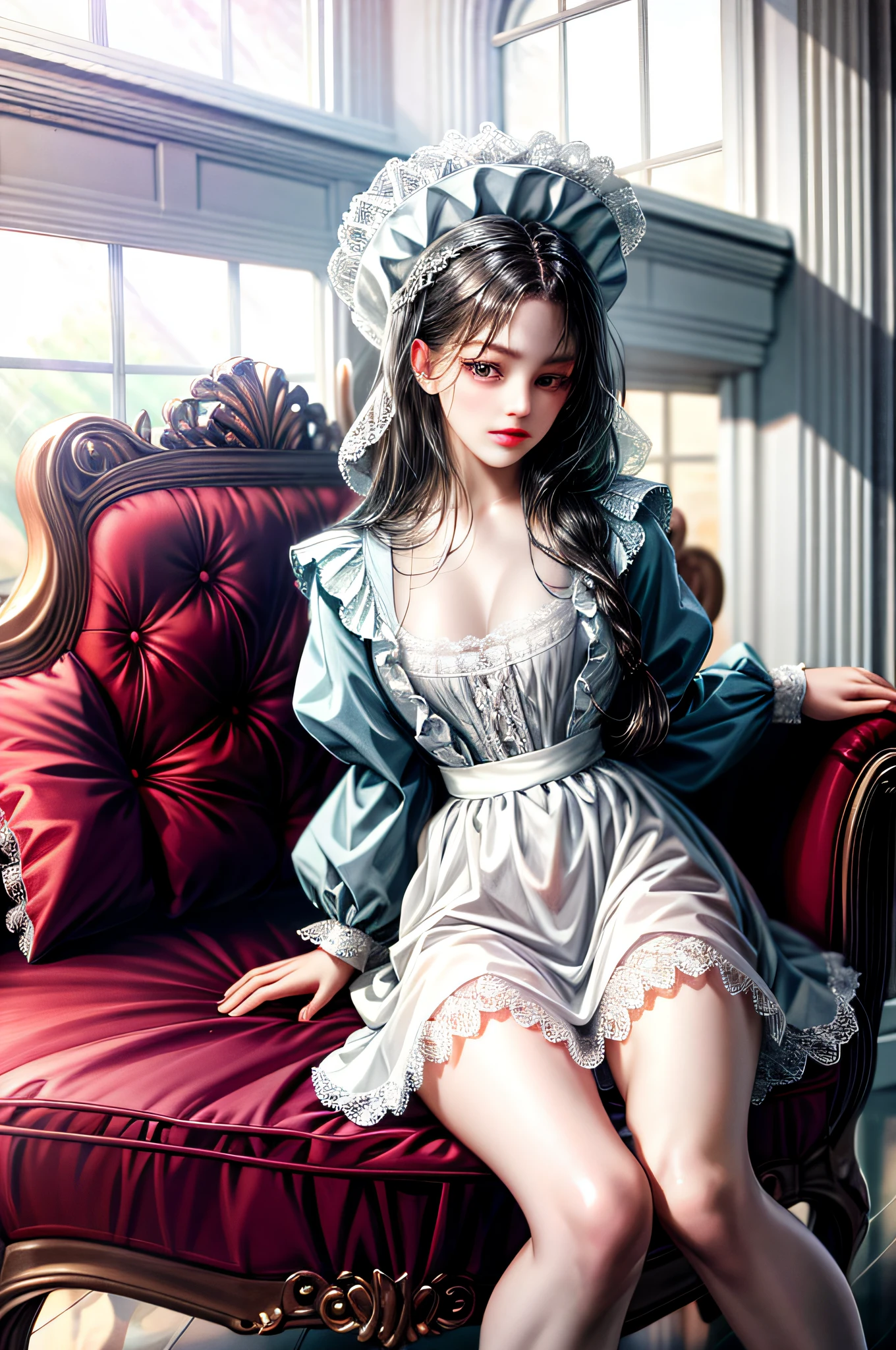 (absurd, high resolution, ultra-detailed), (absurd, high resolution, ultra-detailed), (1girl: 1.5), (sitting, crotch wide open: 1.4), (legs raised high above T: 1.3), (white panties: 1.5), maid clothes, lewd poses, sensual poses, long sleeves and high collars, black and white, skirts were wide and ruffled, The blouse has lace details or ribbons. In addition, they wear a dress on their head and a white apron over a hat. Frugal attic room