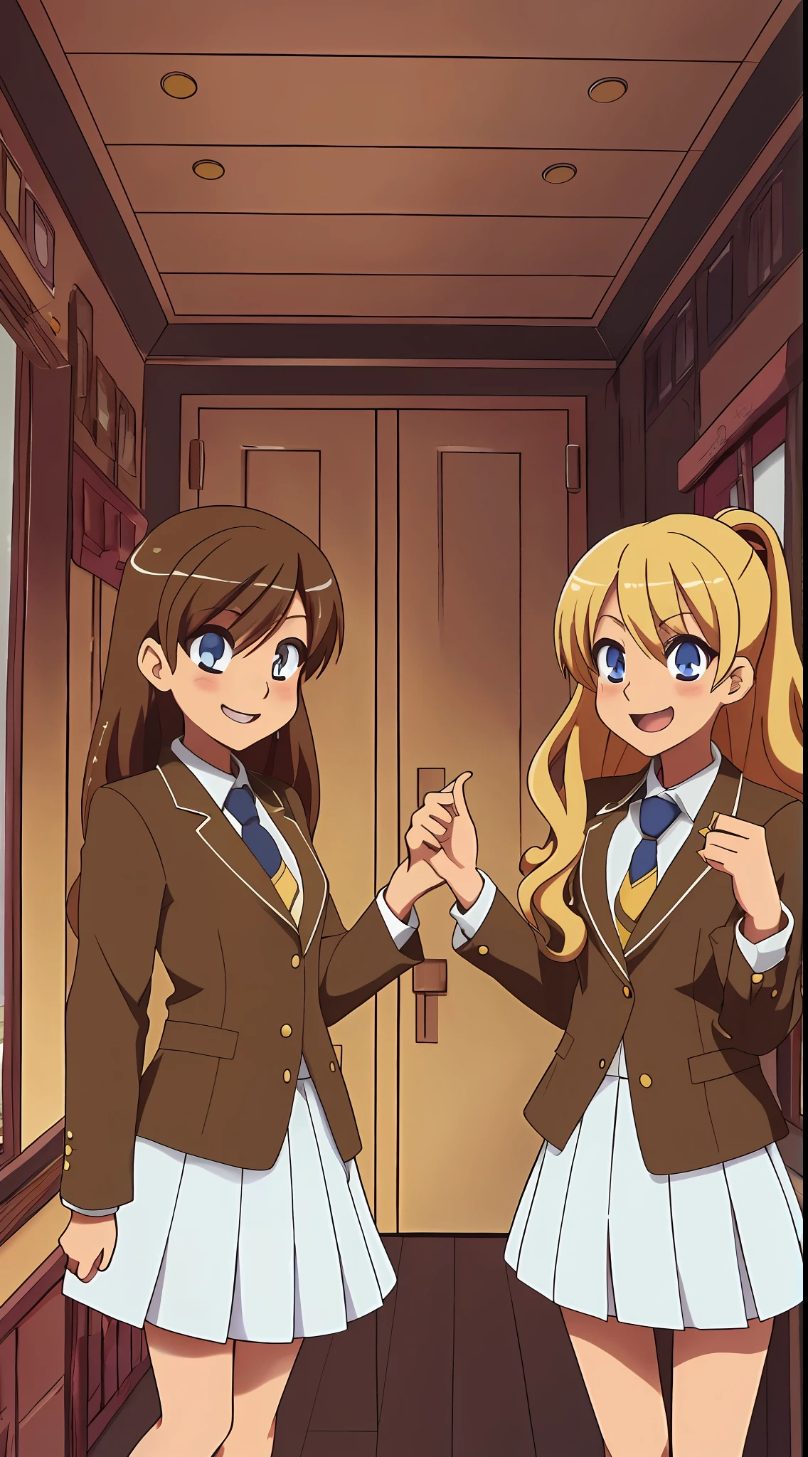 perfect anime illustration, 17 year old girls, 2girls, (1 blonde girl, 1 brown haired girl), twin sisters, brown hair, blonde hair, curly hair, long hair, different hair colors, hazel eyes, smiling, white skin, school uniform, blazer, zettai Ryouiki, high heels, matching outfits, highres, bedroom, full body
