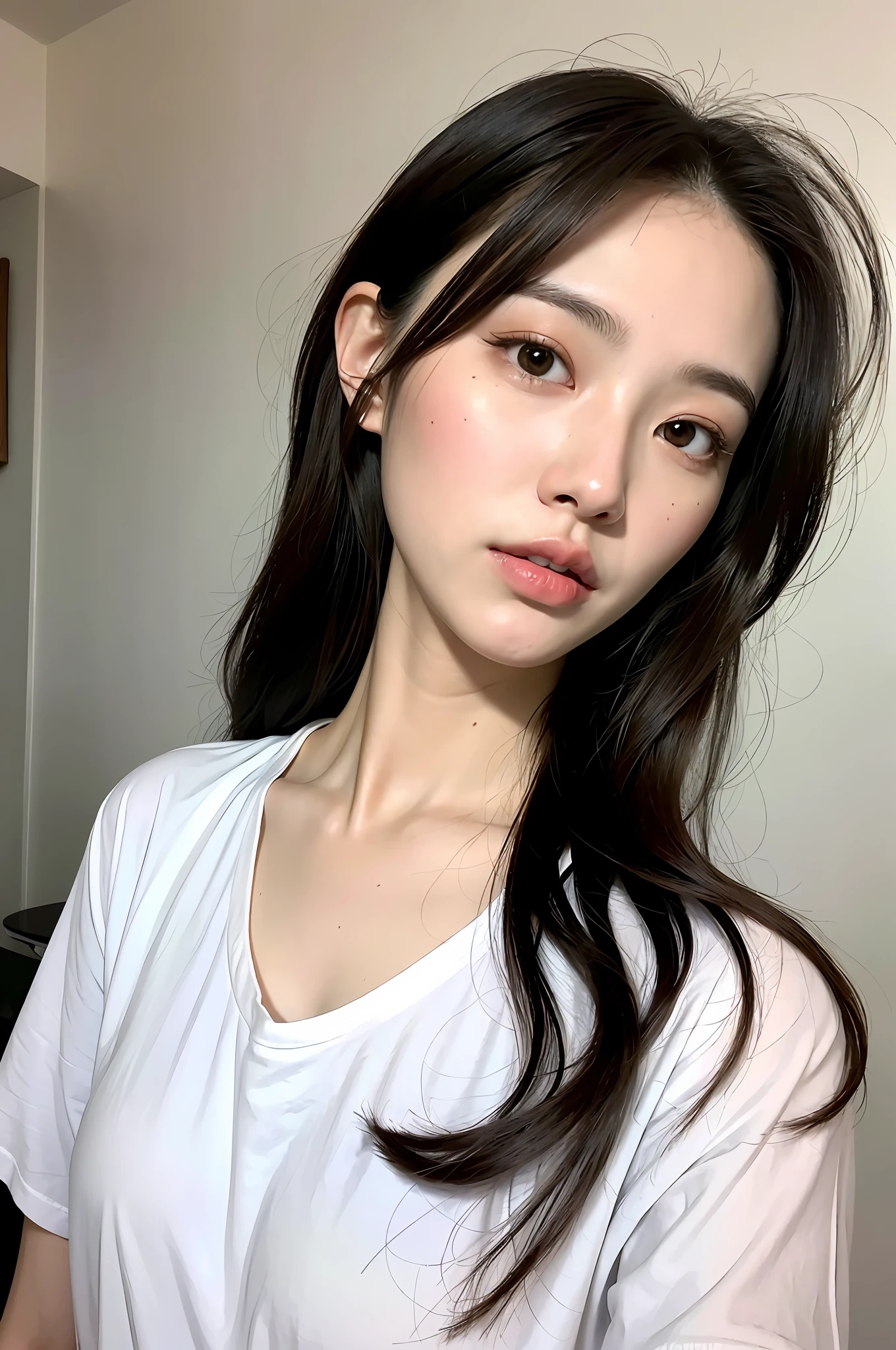 Face up, downy hair on face, pores visible, ((Best Quality, 8k, Masterpiece: 1.3)), 1 girl, Side shot: 1.2, Beautiful Japan woman with slender abs: 1.3, (Casual hairstyle, Big: 1.2), White T-shirt, No bra, Indoor, Ultra detailed face, Detailed eyes, Double eyelids, Full body,,Best quality, Masterpiece, Ultra High Definition, Supermodel, Super Beautiful Face, Pure Body, No makeup, pores clearly visible,, small bust, original photo, 1 girl, discreet, cold light,RAW photo, masterpiece, realistic and professional, skin pores, downy hair, downy hair on face, downy hair on forehead, pores on nose